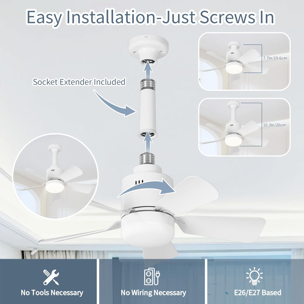 LANMEL Socket Fan Light with Remote Control,17.7-Inch Small Ceiling Fan with Light,3-Color Dimmable with E26/27 Base and Socket Extender,Bedroom/Living Room/Kitchen/Garage,White
