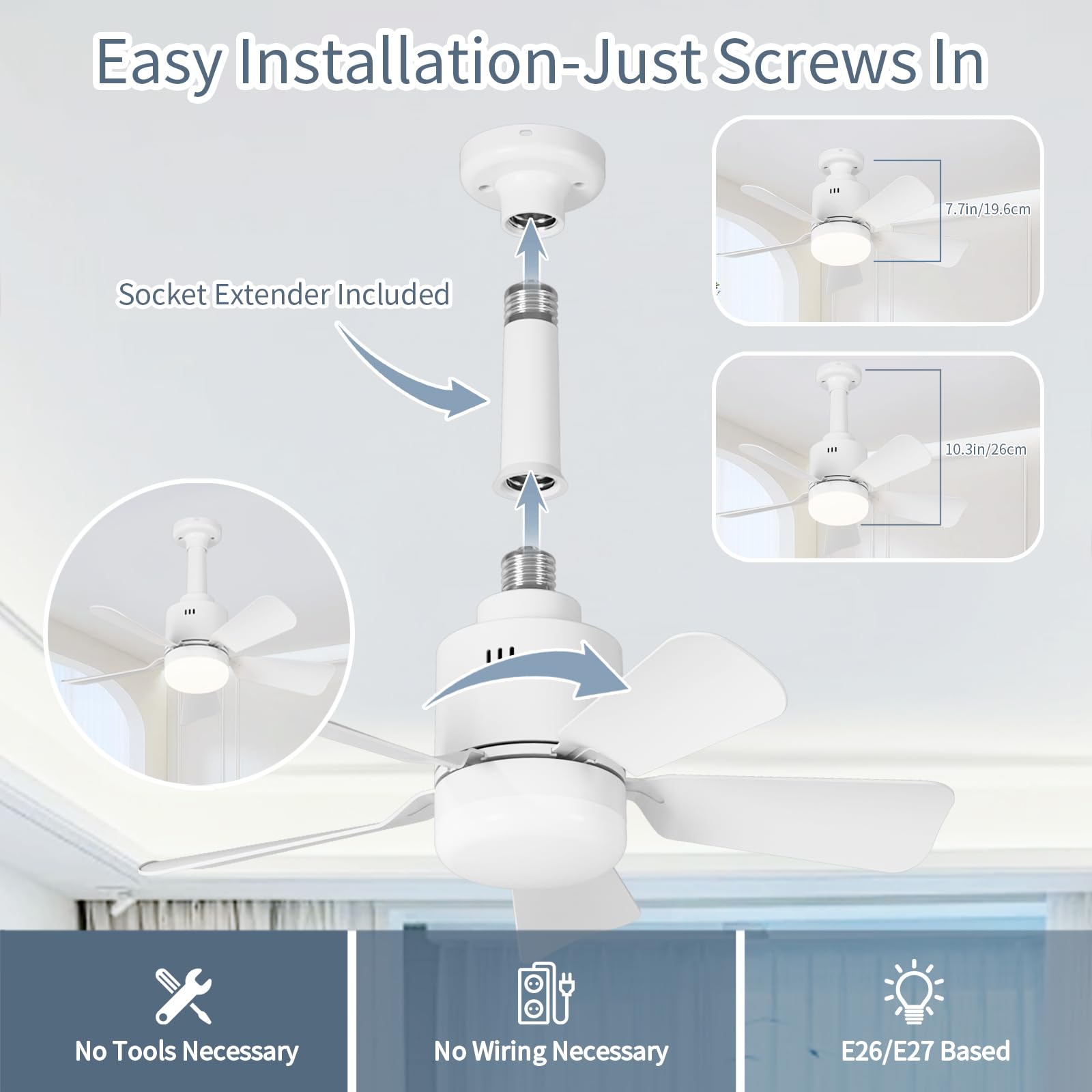 LANMEL Socket Fan Light with Remote Control,17.7-Inch Small Ceiling Fan with Light,3-Color Dimmable with E26/27 Base and Socket Extender,Bedroom/Living Room/Kitchen/Garage,White