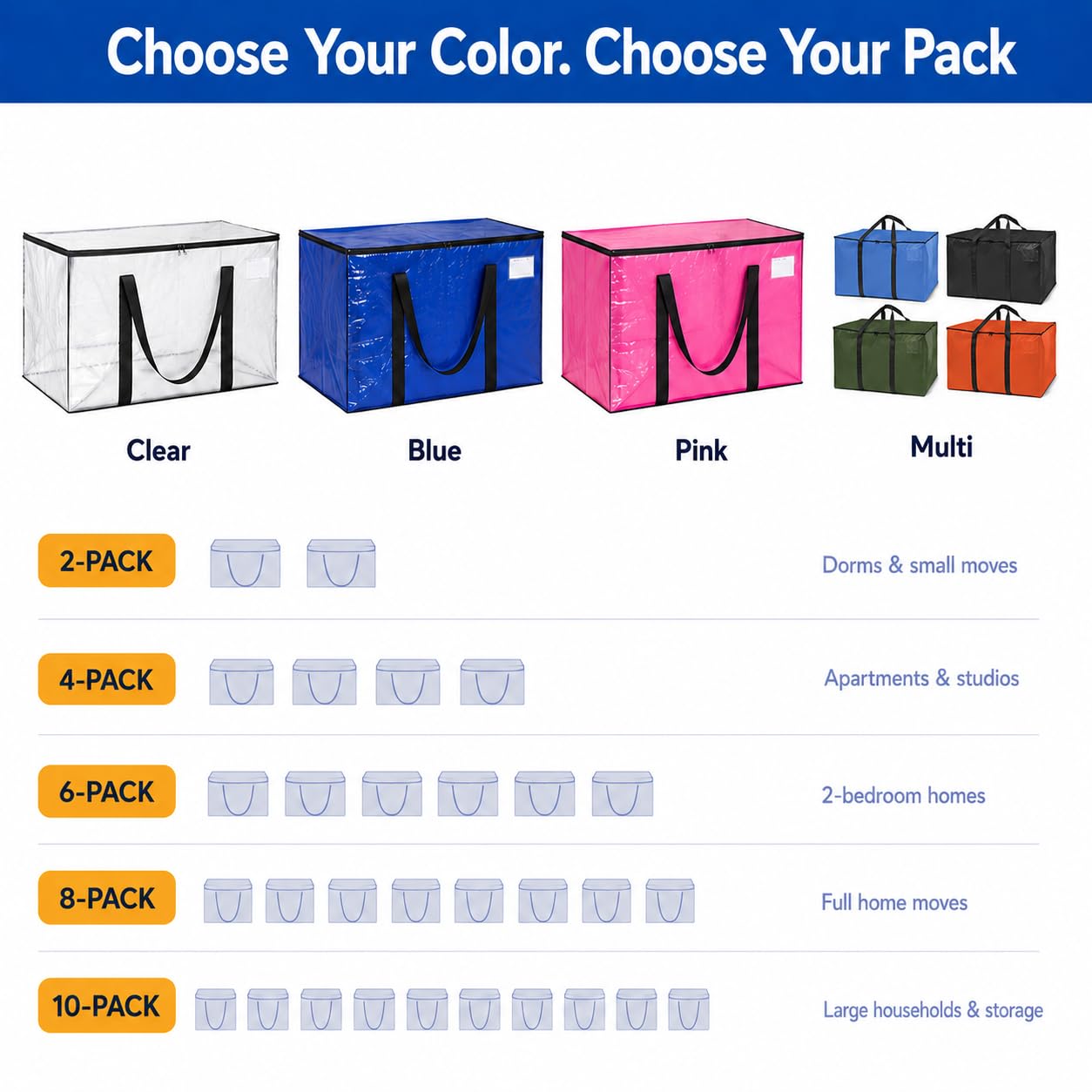 ClearSpace Heavy Duty Storage Bag - Large Moving Boxes with Backpack Straps, Zippers & Handles - Perfect for Traveling, Camping, Christmas Decorations, 4 Pack