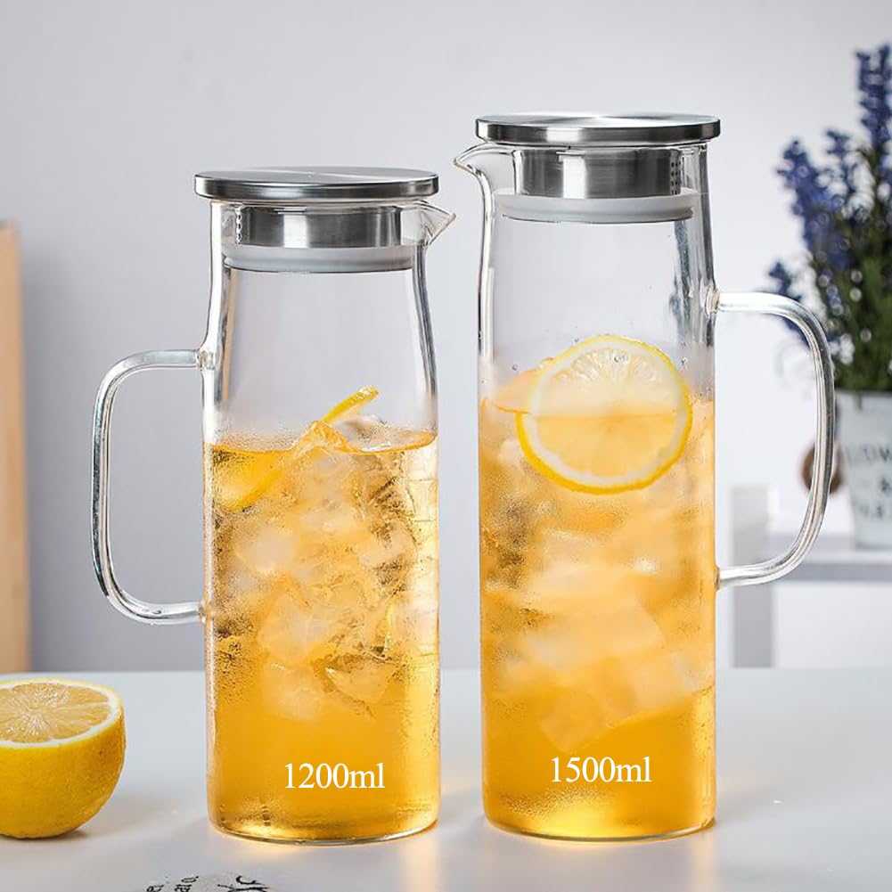 Sharemee - Glass Water Pitcher with Stainless Steel Lid, Wide Mouth with Handle, Easy Pour Spout Water Bottle Carafe Flask Glass Container, Good Heat Resistance Juice Jar Tea Infuser, 1200ml/42oz