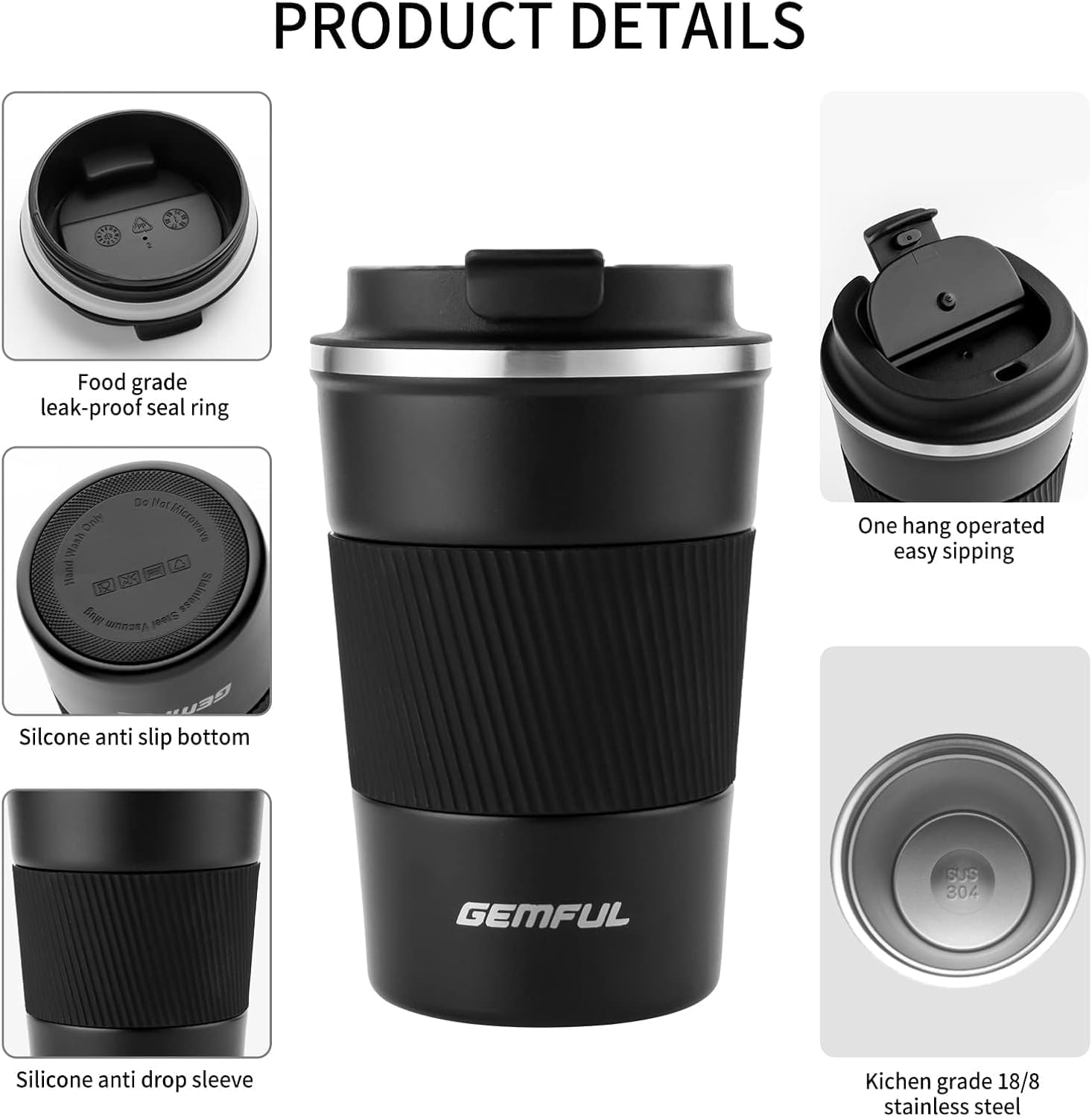 GEMFUL 2 Pack Coffee Travel Mug 17oz Insulated Mugs Leak Proof for Hot Drink Stainless Steel Coffee Cup Double Walled Vacuum Tumblers Car Office Work