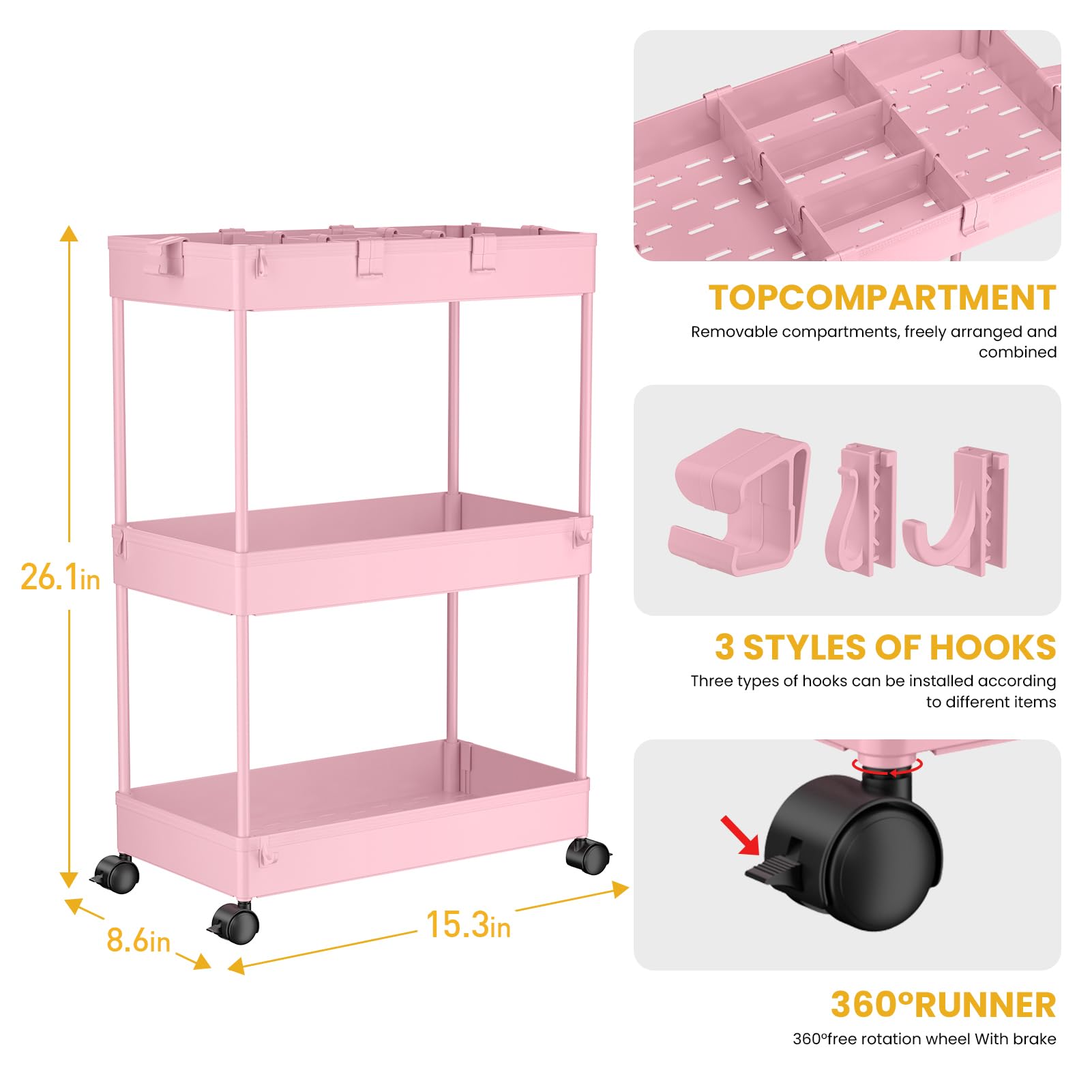 SPACELEAD Slim Storage Cart,3 Tier Bathroom Rolling Organizer Slide Out Mobile Shelving Unit Trolley for Office Kitchen Laundry Room Narrow Places, Pink