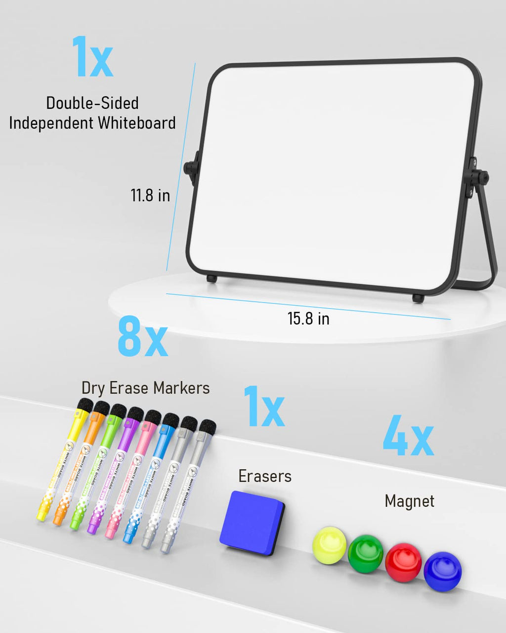 Nicpro Dry Erase Small Whiteboard A3 with Non-Slip Stand, 12 x 16'' Double Sided Magnetic Desktop White Board with 8 Pens, Eraser, Magnet, Portable Writing Easel for Kid Drawing Student Classroom Use