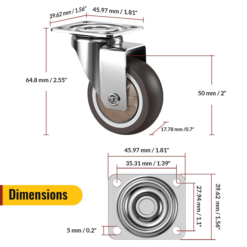 HOLKIE Caster Wheels 2 inch, Heavy Duty Furniture Casters Set of 4,Rubber Castors No Noise,Ball Bearing Swive Castor Wheels for Furniture Holding 270 LBS,Designed for Desk,TV Stand,Coffee Table