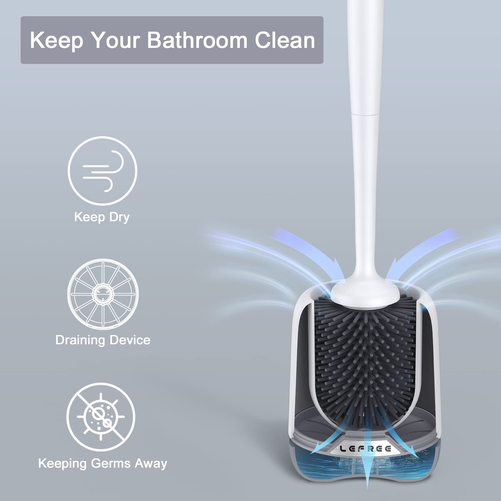 Lefree Silicone Toilet Brush and Holder 1 Pack, Toilet Bowl Cleaner Brush Set with Quick Drying Ventilated Base,Wall Mounted or Floor Standing, Grey