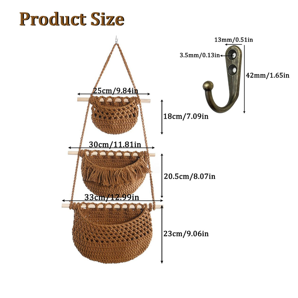 FEISHIONG 3 Tier Cotton Woven Boho Fruit & Veggie Hanging Basket,Wall Mounted Storage Planter for Kitchen,Bedroom & Over the Door Organizer,Eco-Friendly, Durable & Stylish Home Deco
