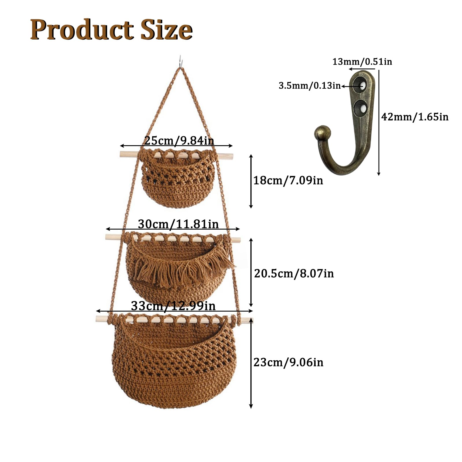 FEISHIONG 3 Tier Cotton Woven Boho Fruit & Veggie Hanging Basket,Wall Mounted Storage Planter for Kitchen,Bedroom & Over the Door Organizer,Eco-Friendly, Durable & Stylish Home Deco