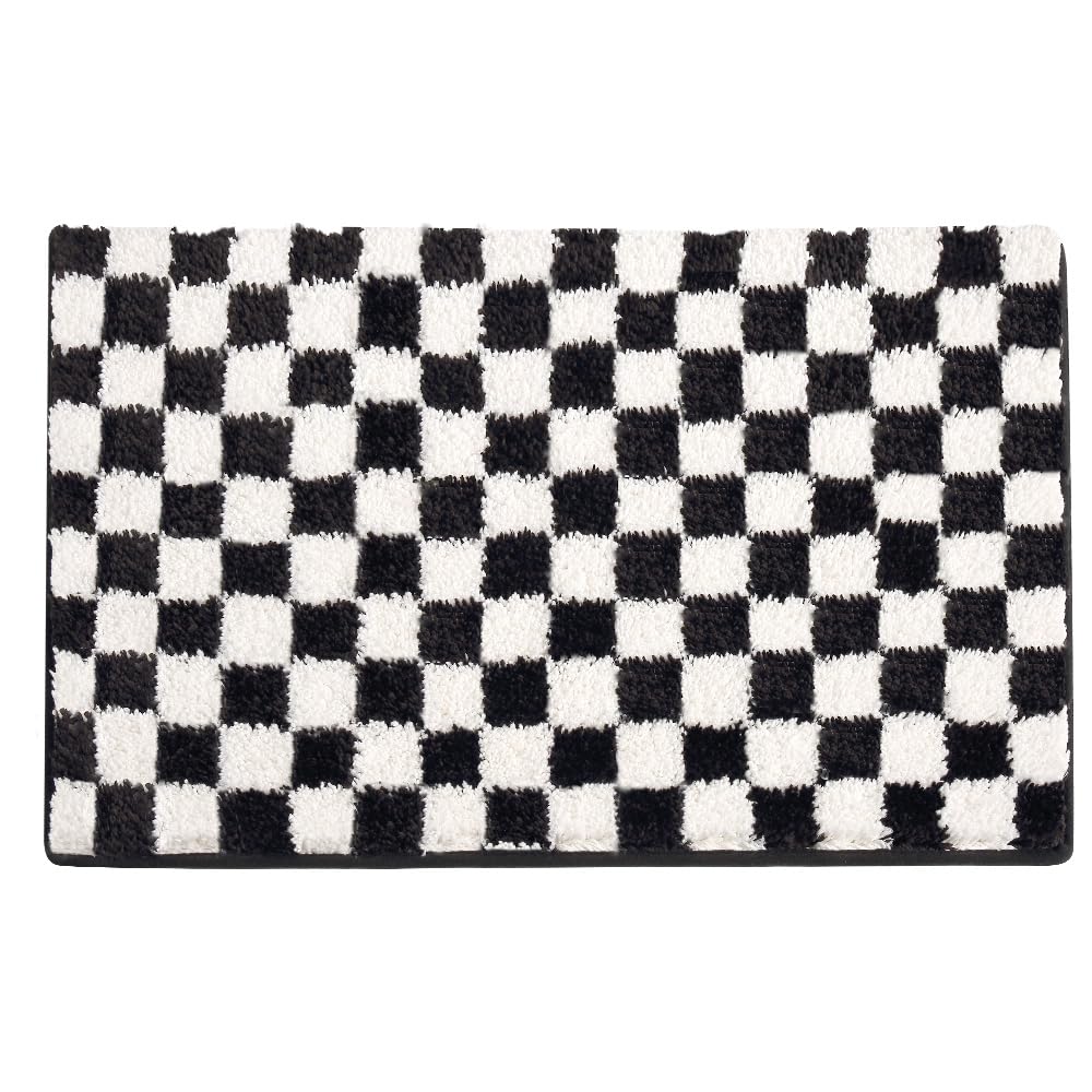 Ankah Bathroom Rug Black&White Checked Bath Mats, Non Slip Rubber Backing, Thick Soft Shaggy, Super Absorbent, Machine Washable, Bath Rugs Cute Bathroom Deocr, (Square 15.75"x 23.62")