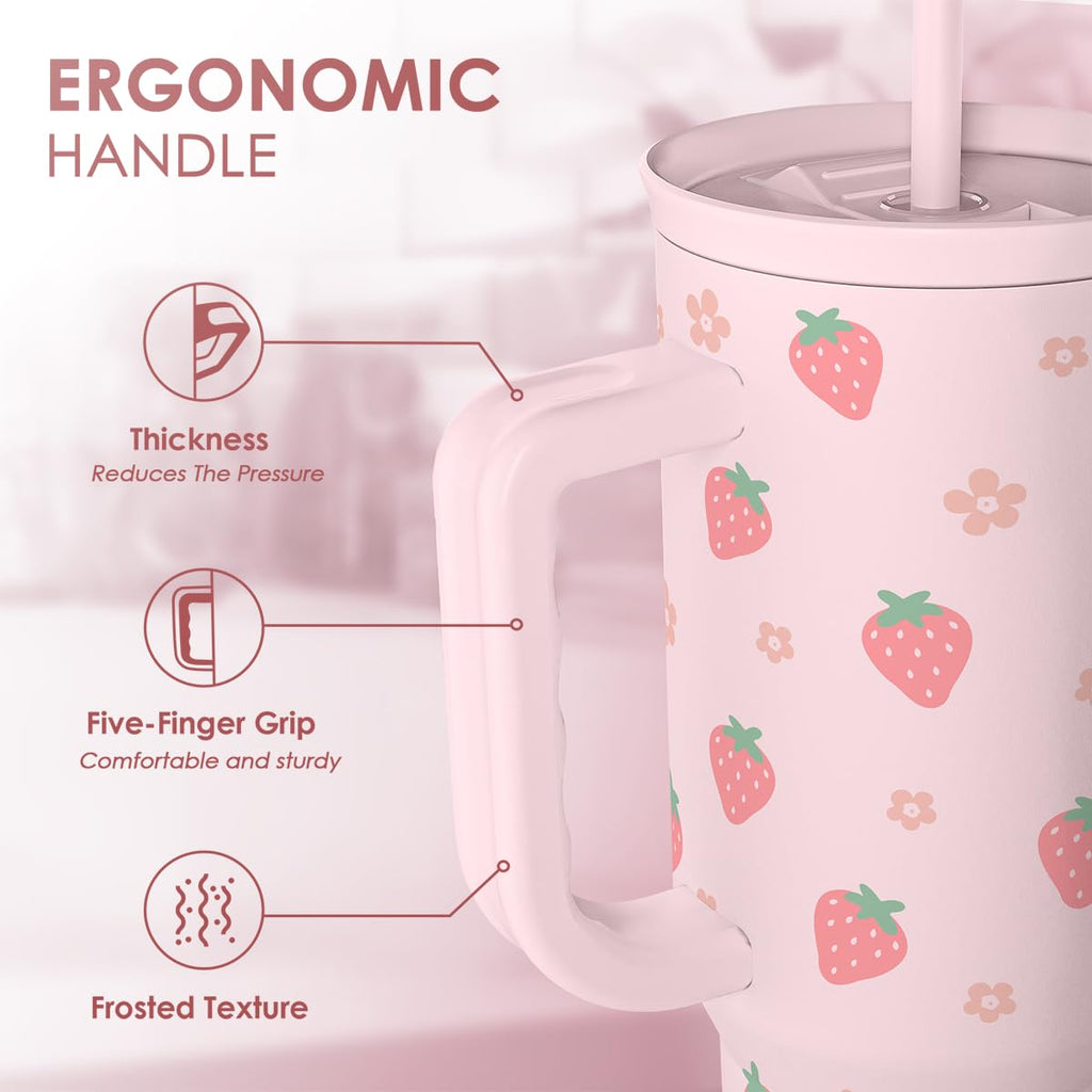 SANDJEST Strawberry Tumbler with Handle 40oz – Insulated Stainless Steel Travel Coffee Mug Cup for Girls Women, Gift for Christmas, Birthday