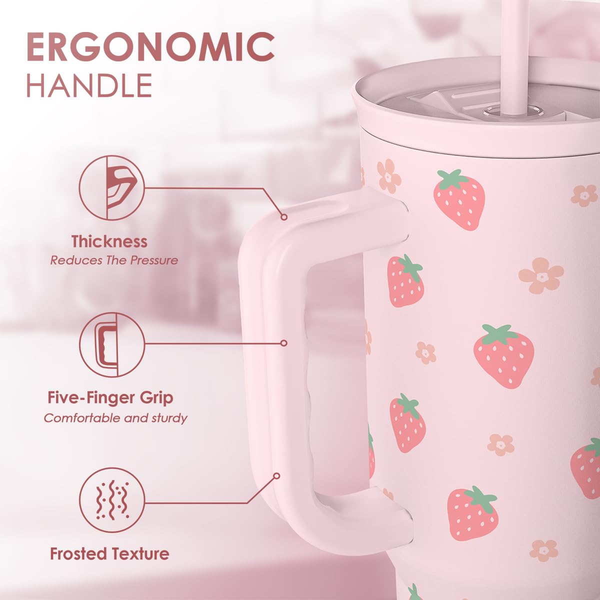 SANDJEST Strawberry Tumbler with Handle 40oz – Insulated Stainless Steel Travel Coffee Mug Cup for Girls Women, Gift for Christmas, Birthday