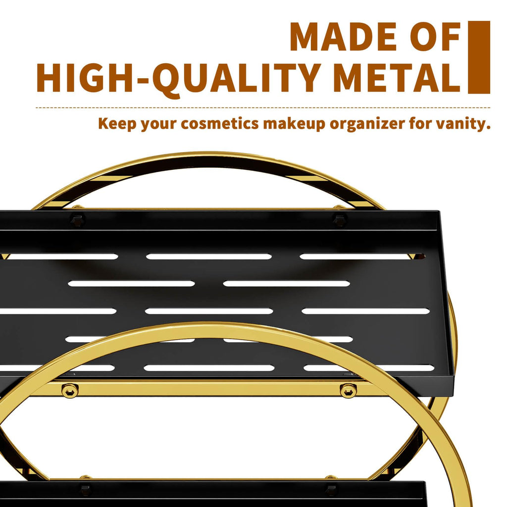 YIWANFW 2-Tier Makeup Organizer - Modern Elegant Black & Gold Countertop Perfume & Cosmetics Display Shelf
