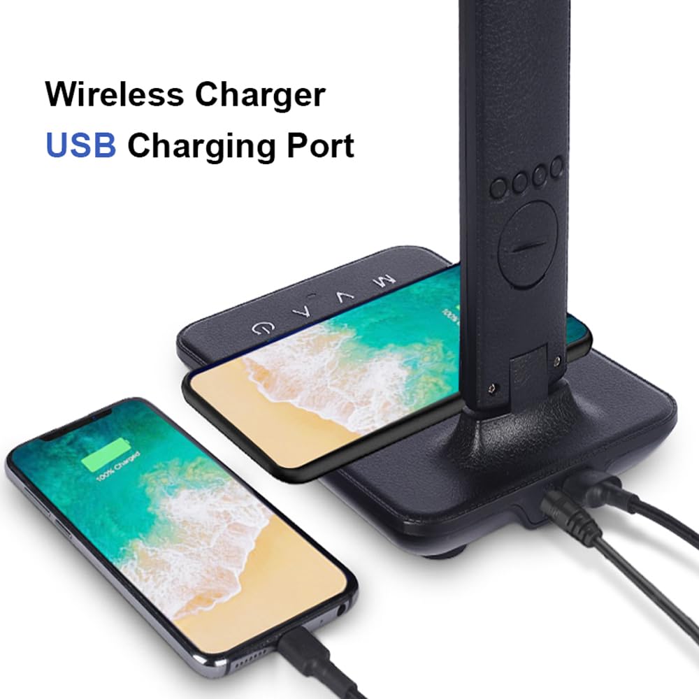 wanjiaone Multifunctional LED Desk Lamp with Wireless Charger,USB Charging Port,Clock,Phone Holder,Desk Lamps for Home Office,Eye-Caring Reading Lamp,Study Lamp for Boys,Girls,Teens (Black-tx26)