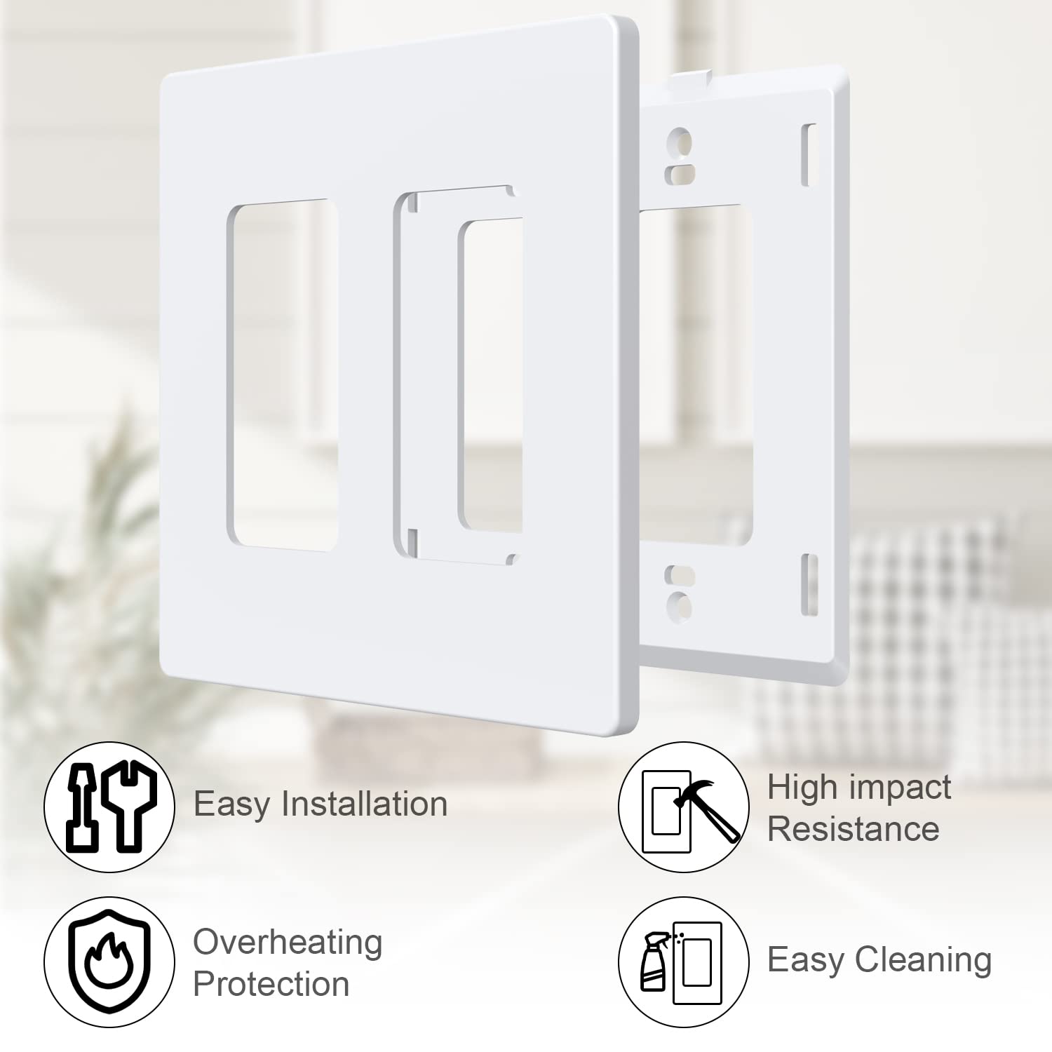 Amerisense Outlet Cover, Screwless Decorator Wall Plate, Light Switch Power Plug Cover, 2-Gang Standard Size, White, 5 Pack,UL Listed