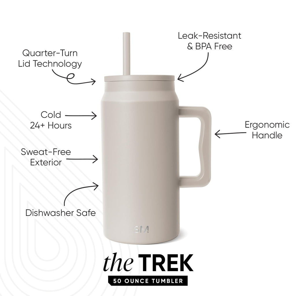 Simple Modern Tumbler with Handle and Straw | Insulated Stainless Steel Large Water Jug | Gifts for Women & Men | Trek Collection | 50oz | Almond Birch