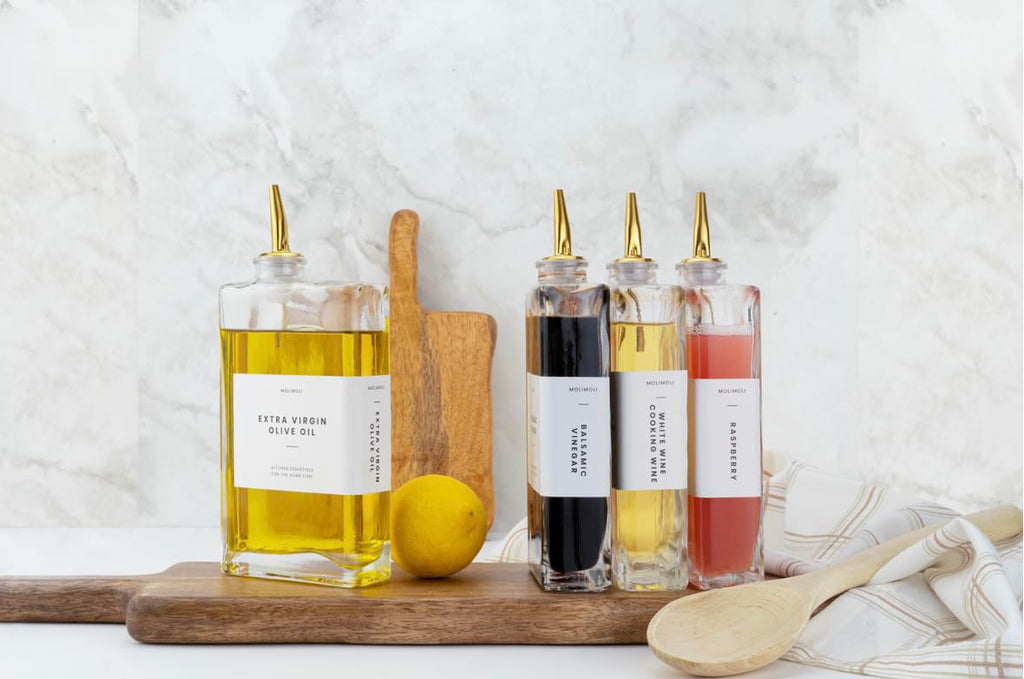 Molimoli Olive Oil Dispenser Bottle for Kitchen, Automatic Pourer, Glass Bottle Dispenser for Kitchen, Olive Oil Cruet, Glass Olive Olive Bottle | Set of 2 - Gold