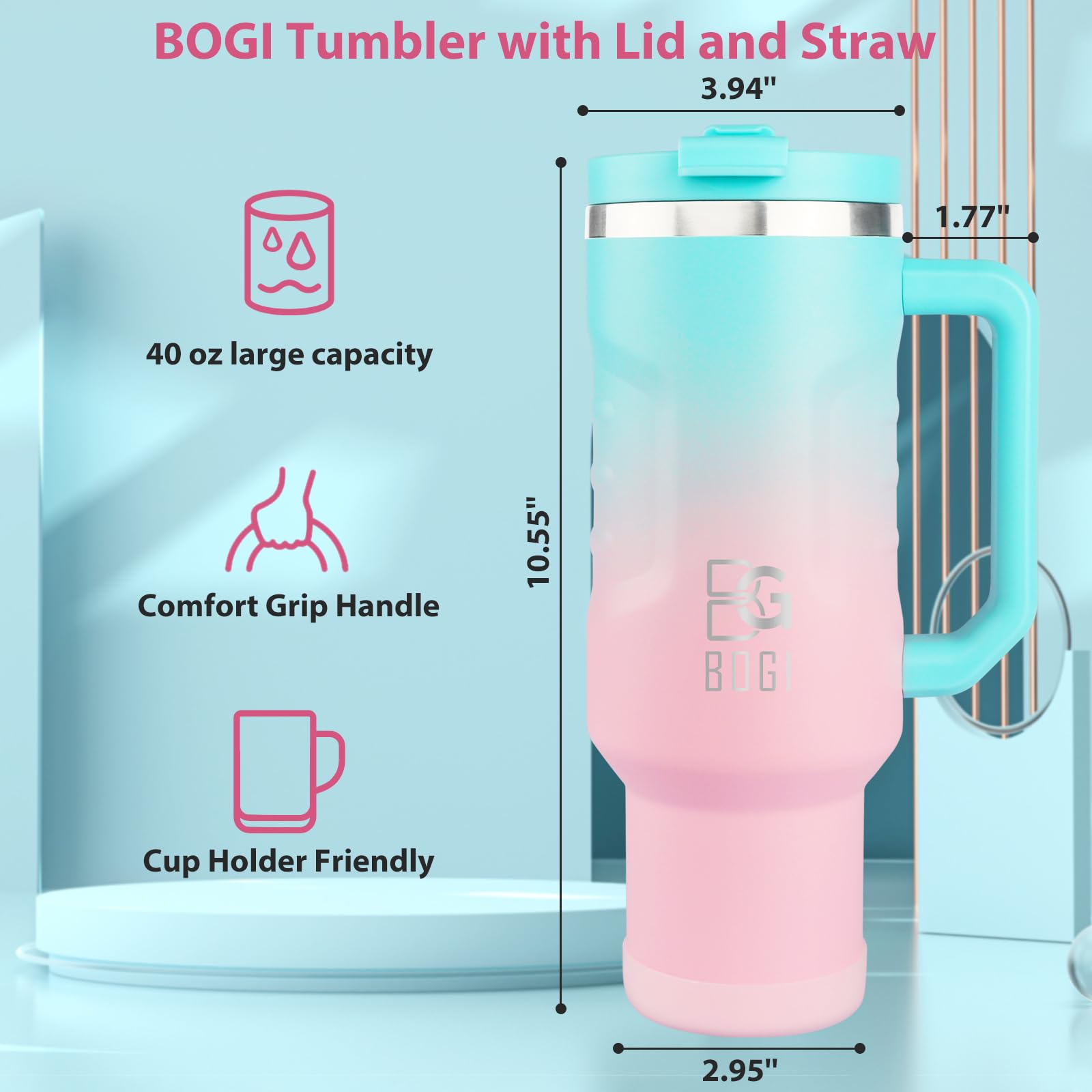 BOGI 40oz Tumbler with Straw and Lid, Insulated Tumbler with Handle for Hot and Cold Drinks Double Wall Stainless Steel Tumbler with 2 in 1 Air Tight Lid Leak Proof Travel Mug | Sky Blue Pink