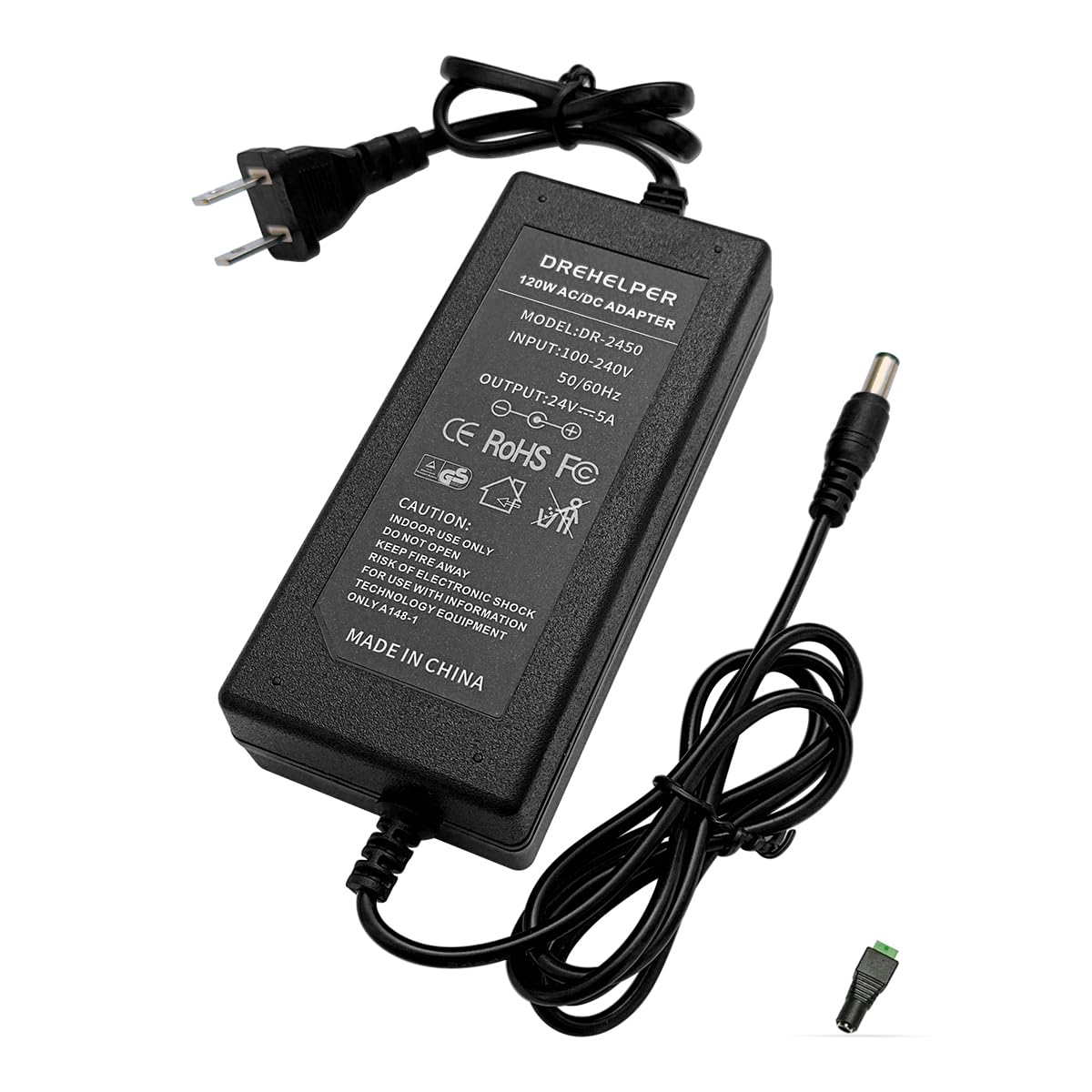 DREHELPER® 24V 5A 120W Power Adapter, Input AC100-240V Output DC24V Transformer, 24 Volts DC Power Supply for 24V 5050 2835 COB LED Strip Light CCTV Camera Monitor Printer Scanner 24V Power Cord