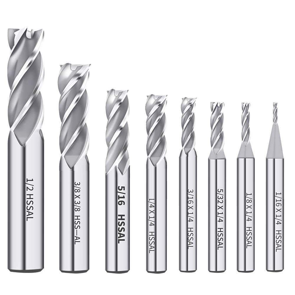 In-tool-home 1/8" 3/16" 1/4" 5/16" 3/8" 1/2" high Speed Steel HSS 4 Flute Straight End Mill Cutter Set of 8