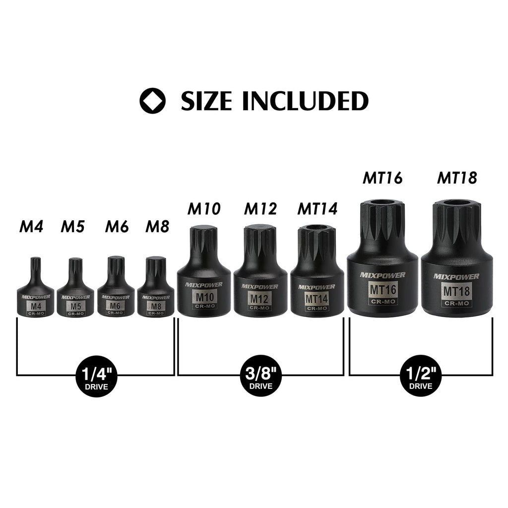 MIXPOWER Low Profile Impact Triple Square Bit Socket Set, Solid One Piece Construction, M4- M18, Chrome Molybdenum Steel, 9 Pieces Set