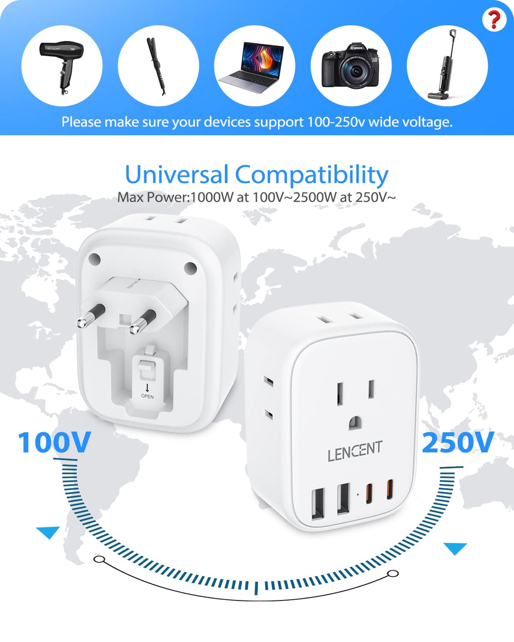 European Travel Plug Adapter, LENCENT International Type-C Foldable Power Plug with 4 Outlets, USB C Charger Adaptor, Canada/US to Most of Europe EU Iceland Spain Italy France Germany Greece