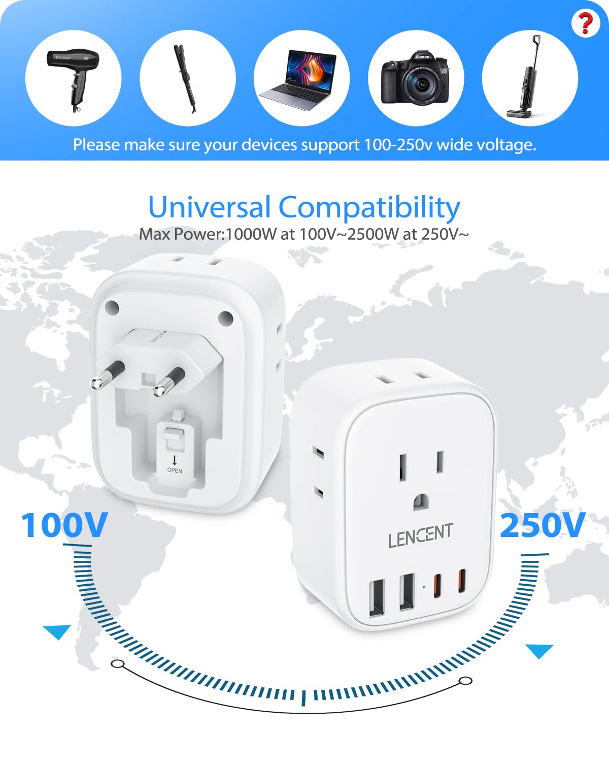 European Travel Plug Adapter, LENCENT International Type-C Foldable Power Plug with 4 Outlets, USB C Charger Adaptor, Canada/US to Most of Europe EU Iceland Spain Italy France Germany Greece