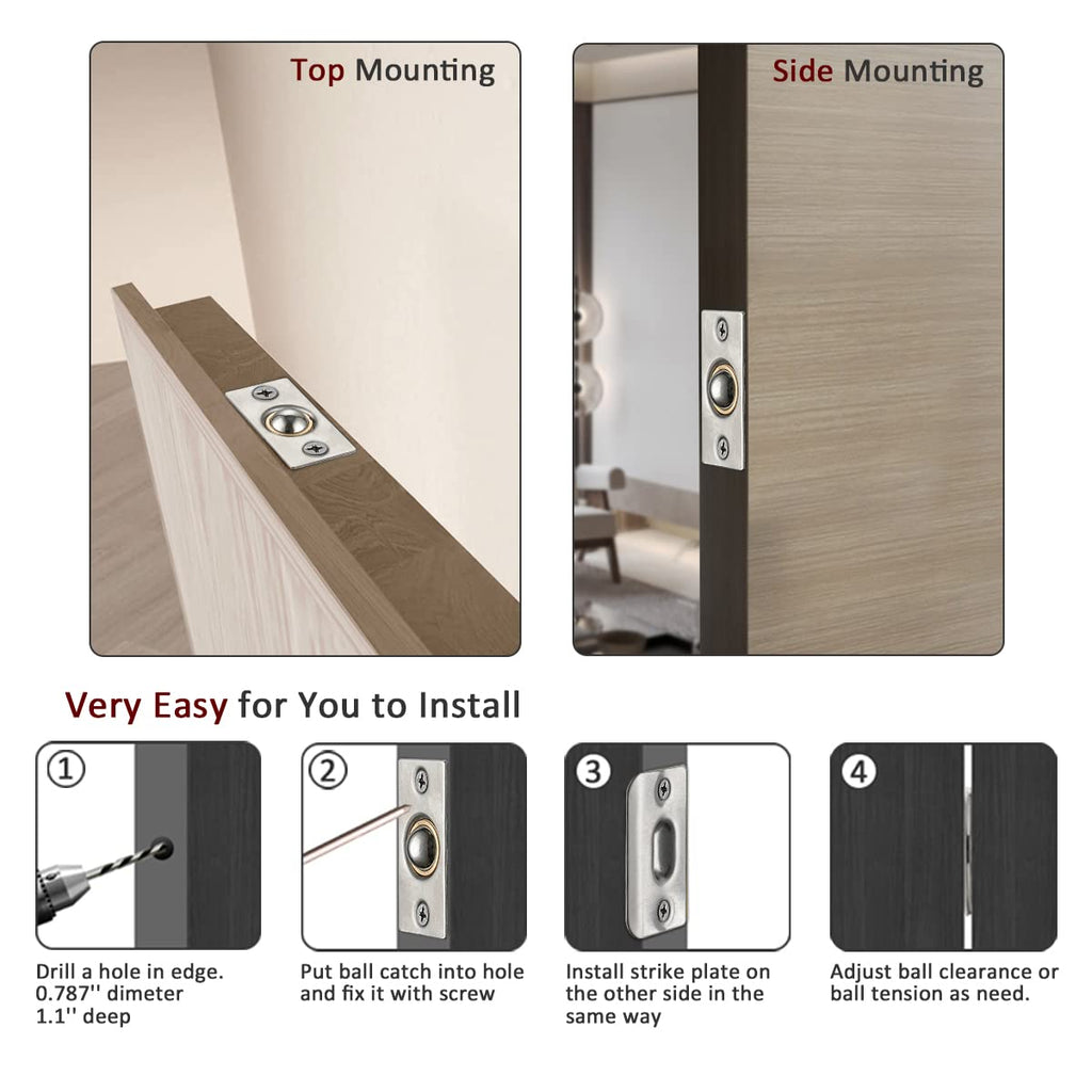 JQK Closet Door Ball Catch Hardware, Stainless Steel Catch Adjustable with Strike Plate, Brushed Satin Finish 4 Pack, HBC100-P4