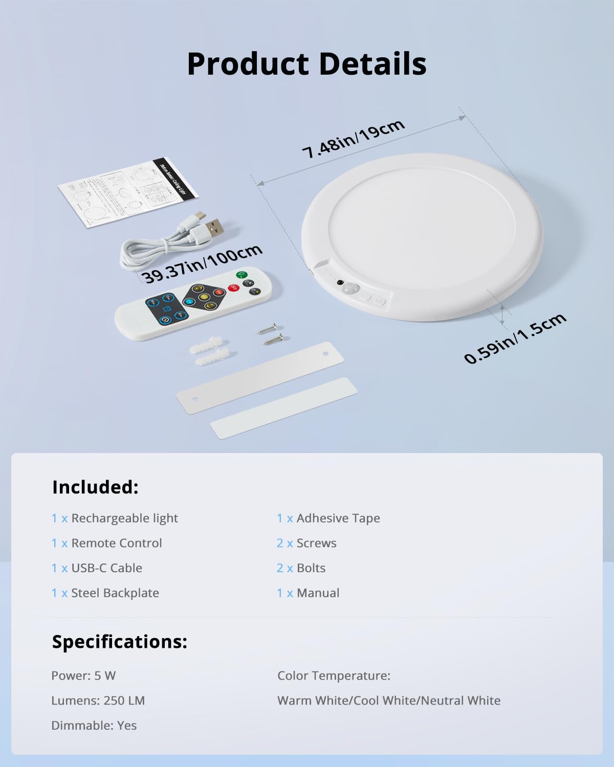 Combuh Round Rechargeable Shower Lights Waterproof 85 Day Battery Powered, 19CM Battery Operated Ceiling Light with Remote Stick on Inside No Electricity Needed LED Wireless Lamp for Hallway Closet