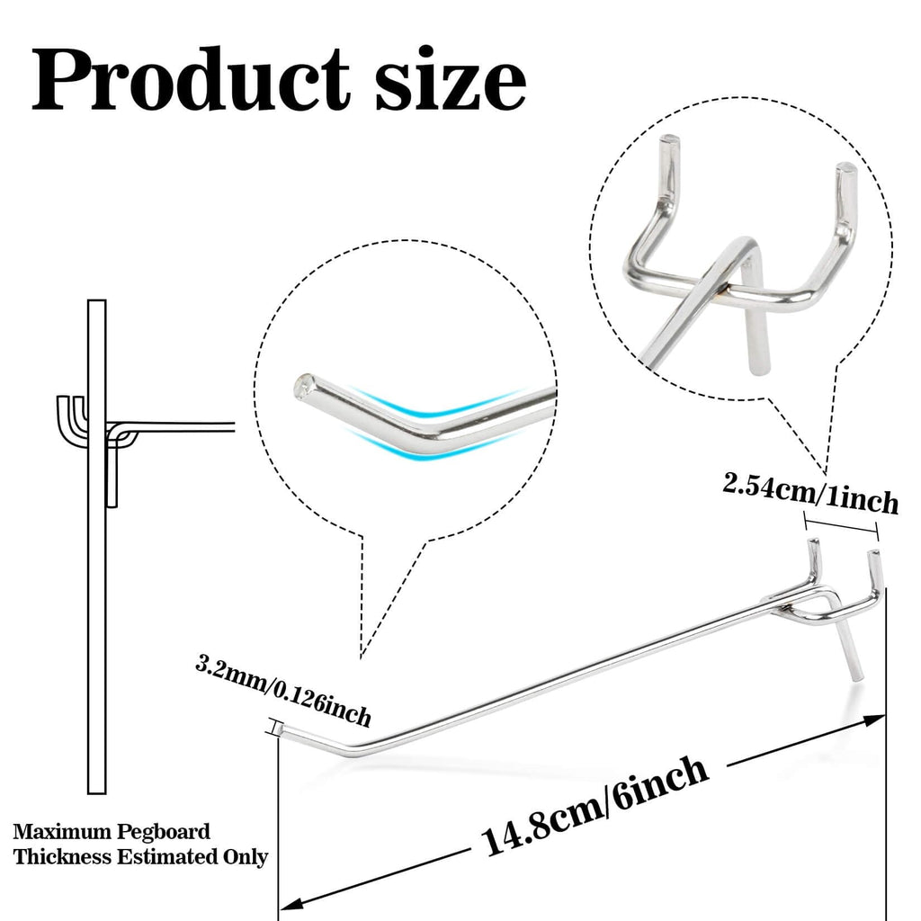 MAQIHAN 50PCS Pegboard Hooks for 1/8'' Boards - 6 inch Peg Board Tool Utility Hooks Silver Metal Pegboard Hooks Hanging Stainless Steel Display Wall Hooks Panneau Perforé Kit Storage Organizer Holder