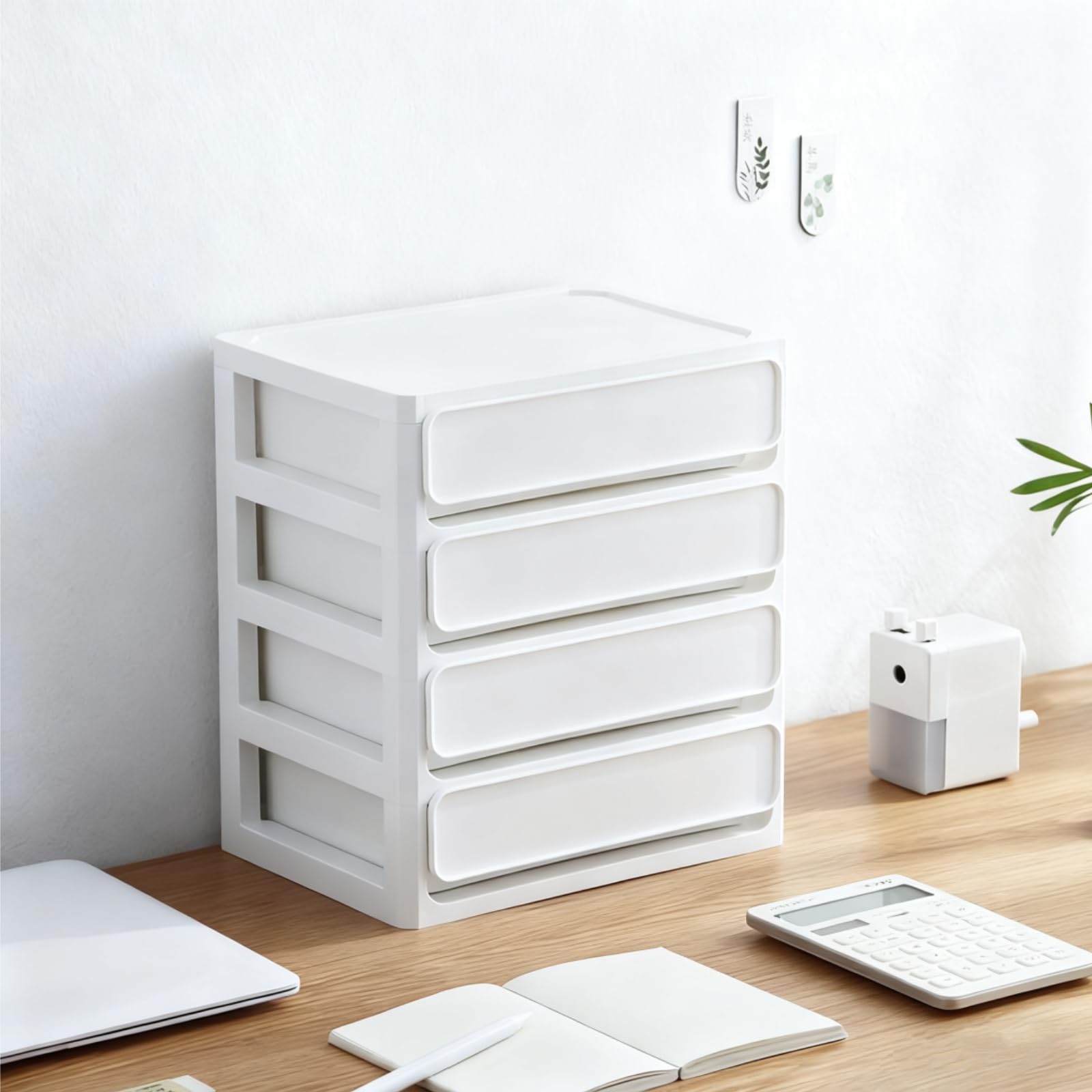 Covzoe 4 Drawer Desktop Storage Unit, 4 Layer Plastic Stacking Tabletop Organizer, White Storage Bin Container with Sliding Drawers, Desk Stationery Organizer Box for Home Classroom Office