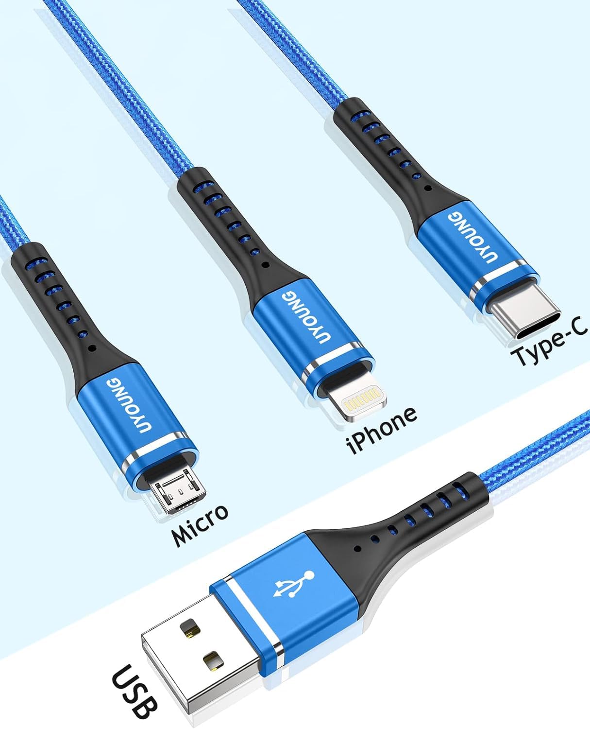 2Pack 6FT Multi Charging Cable Multiple USB 3 in 1 Charger Cable Universal Nylon Braided Fast Charge Cord with Type-C/Lightning/Micro USB Port Connectors for Cell Phone/iPhone/Tablet and More