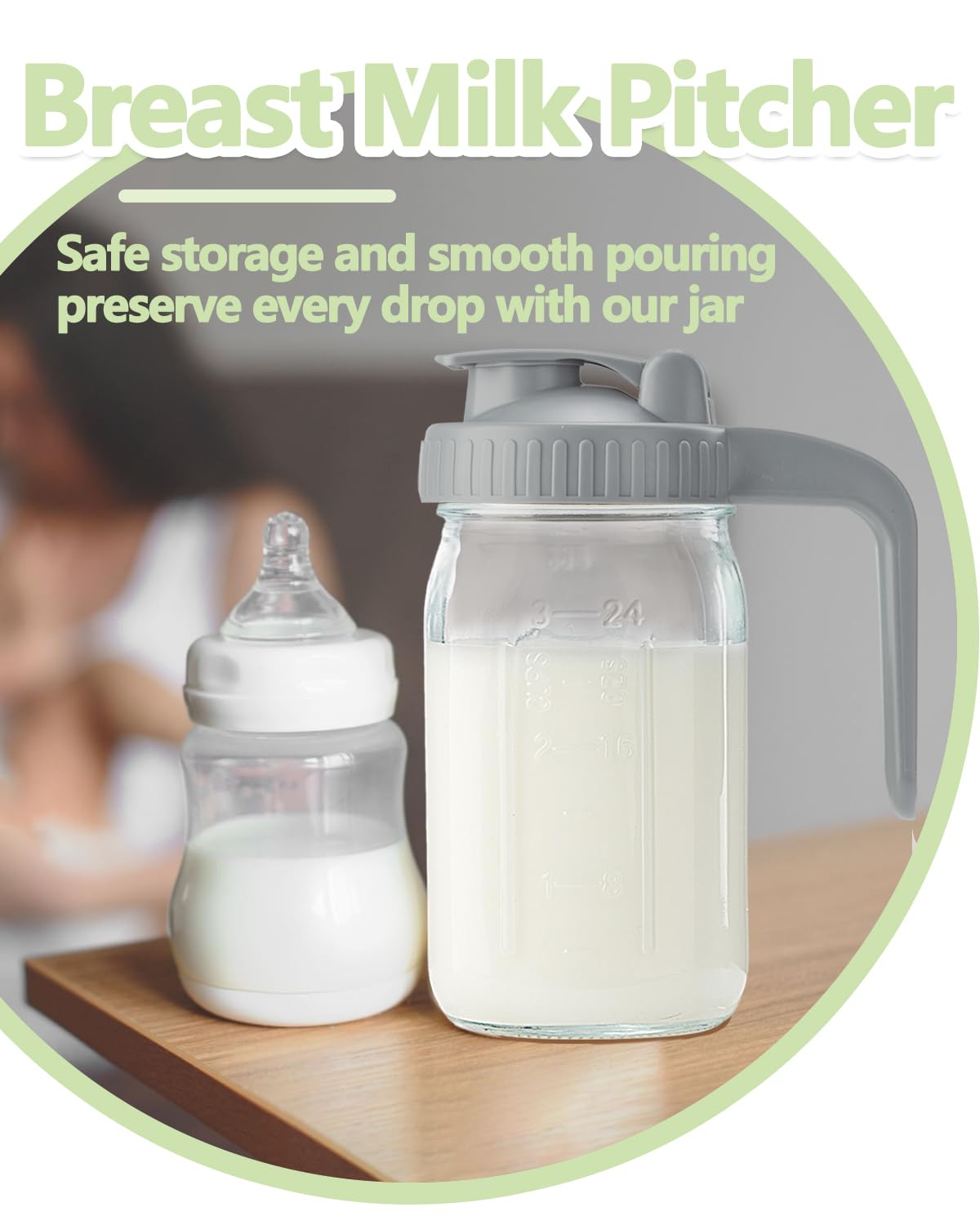 32oz Glass Pitcher with Lid & V-Shaped Pour Spout - 1 Quart Breastmilk Pitcher Double Leak Proof, Creamer Container for Sun Tea, Juice, Cold Brew Coffee, Breastmilk Storage Container