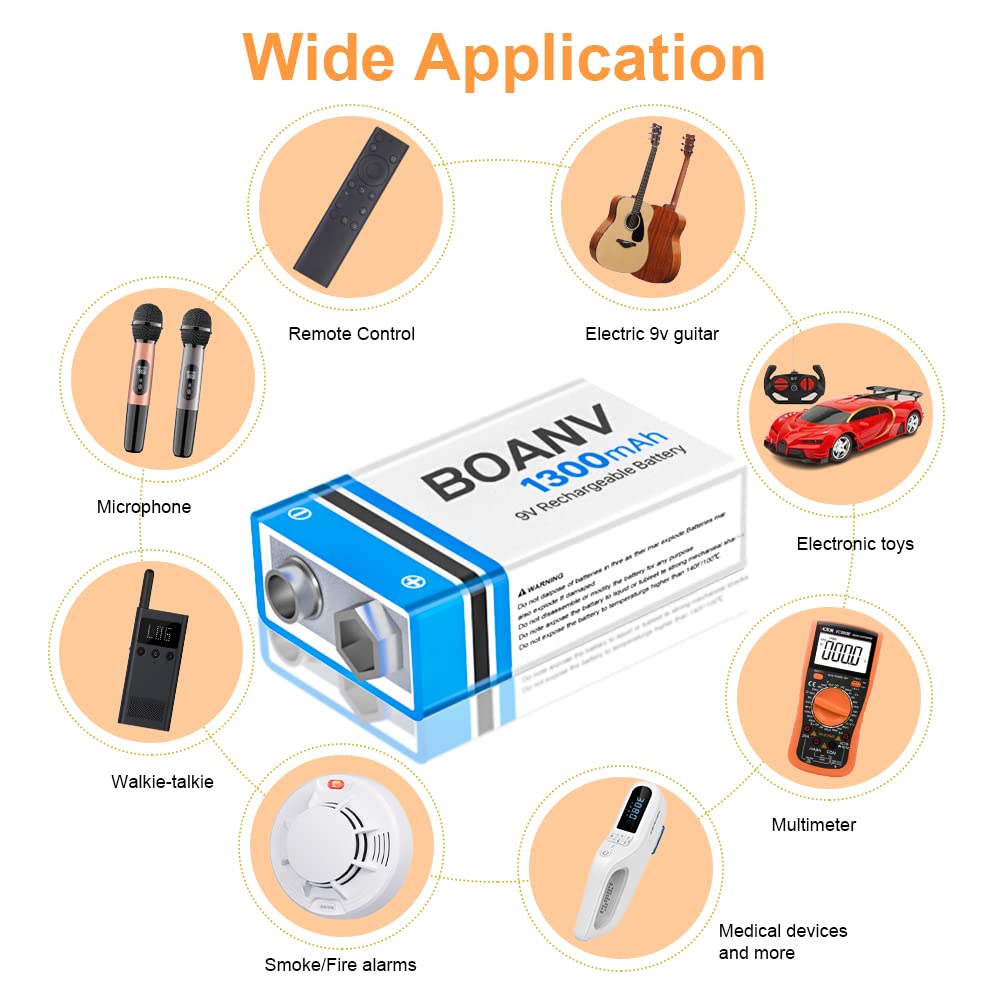 2PCS 1300mAh 9V Rechargeable Batteries, 9V Rechargeable USB Lithium Long Lasting Battery, with 2 in 1 Charging Cable, for Smoke Detectors, Alarms, Keypad, Microphone