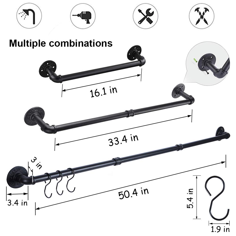 50.4 inch Hanging Pot Rack Wall Mounted Pot Pans Hanging Rail, Industrial Long Pot Pan Bar With 15 S Hooks, Black Hangers Kitchen Pot and Pan Hanging Rack