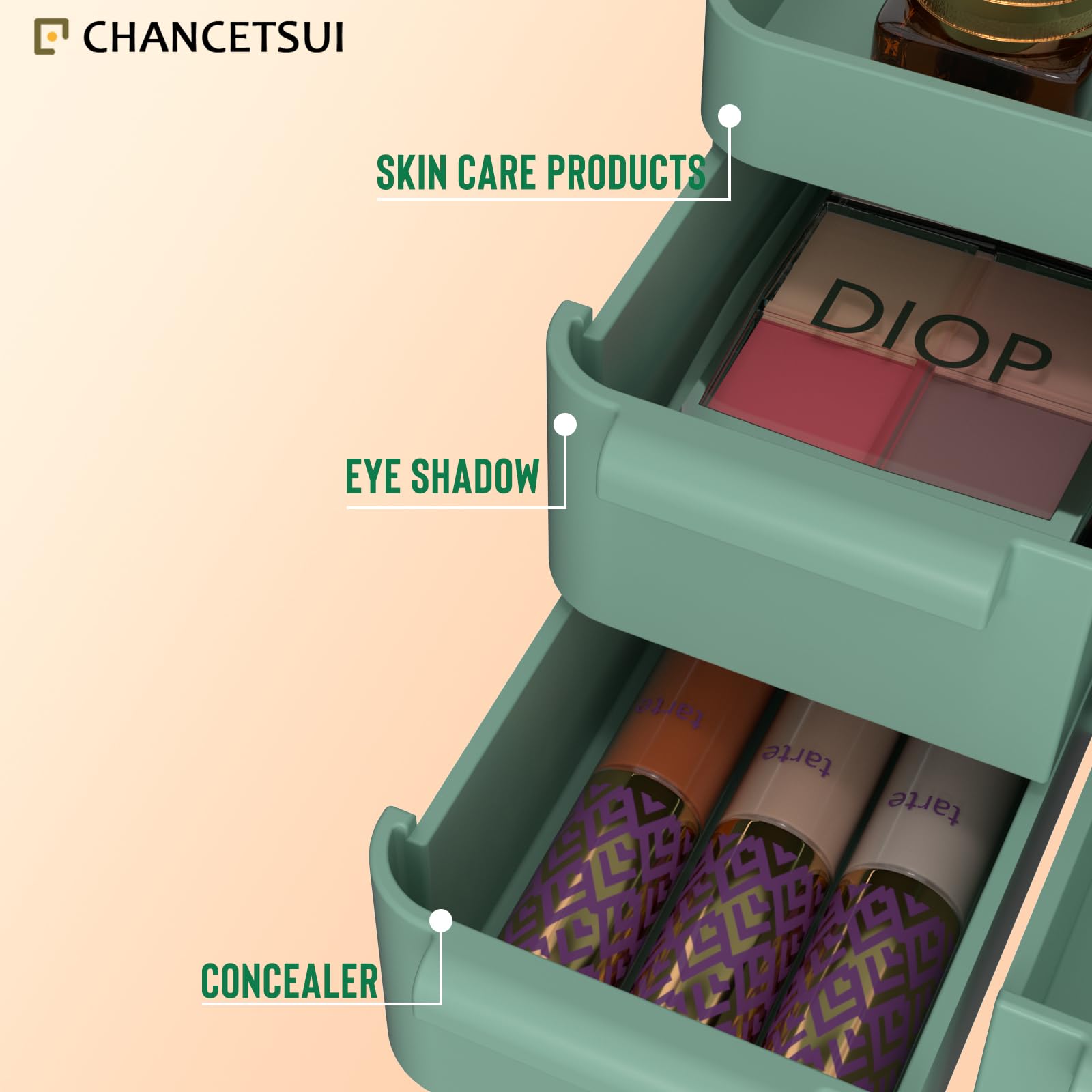 Makeup Organizer With Drawers, Countertop Organizer for Cosmetics, Vanity Holder for Lipstick, Brushes, Lotions, Eyeshadow, Nail Polish and Jewelry (Green)