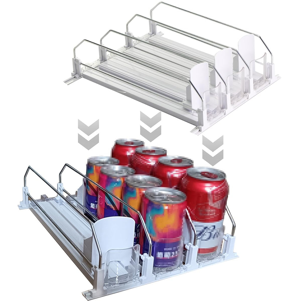 OBA-HORSE Drink Organizer for Fridge, Self-Pushing Drink Dispenser Fridge, Adjustable Width Fridge Can Organizer (White, 3 Row 12.2" D × 9.8" W)