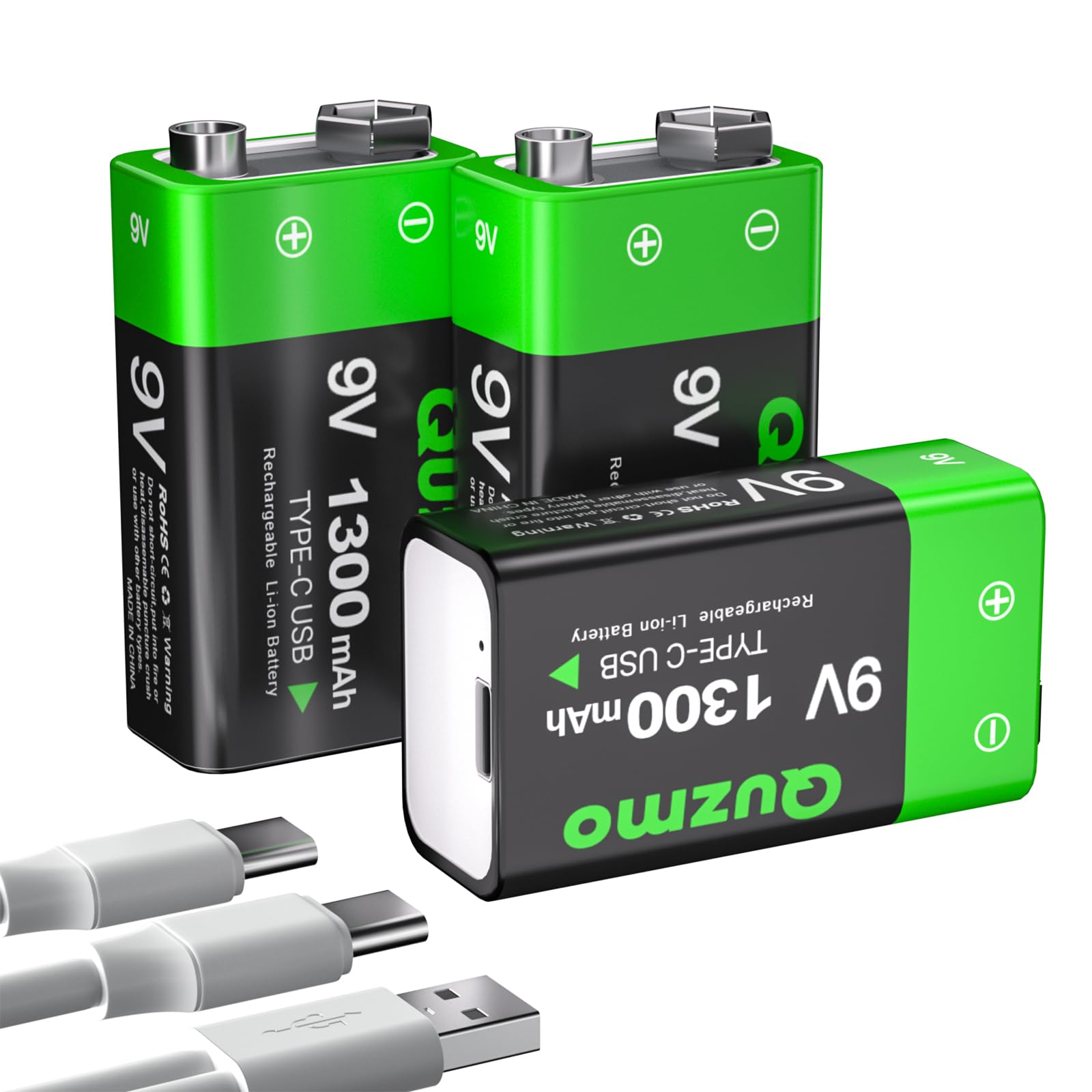 3-Pack Rechargeable 9 Volt Lithium-ion Batteries, 1300mAh Long Lasting Power, USB-C Recharge with 2 in 1 Charging Cable for Smoke Alarms,Multimeters,Microphones,Walkie-Talkie,Toys