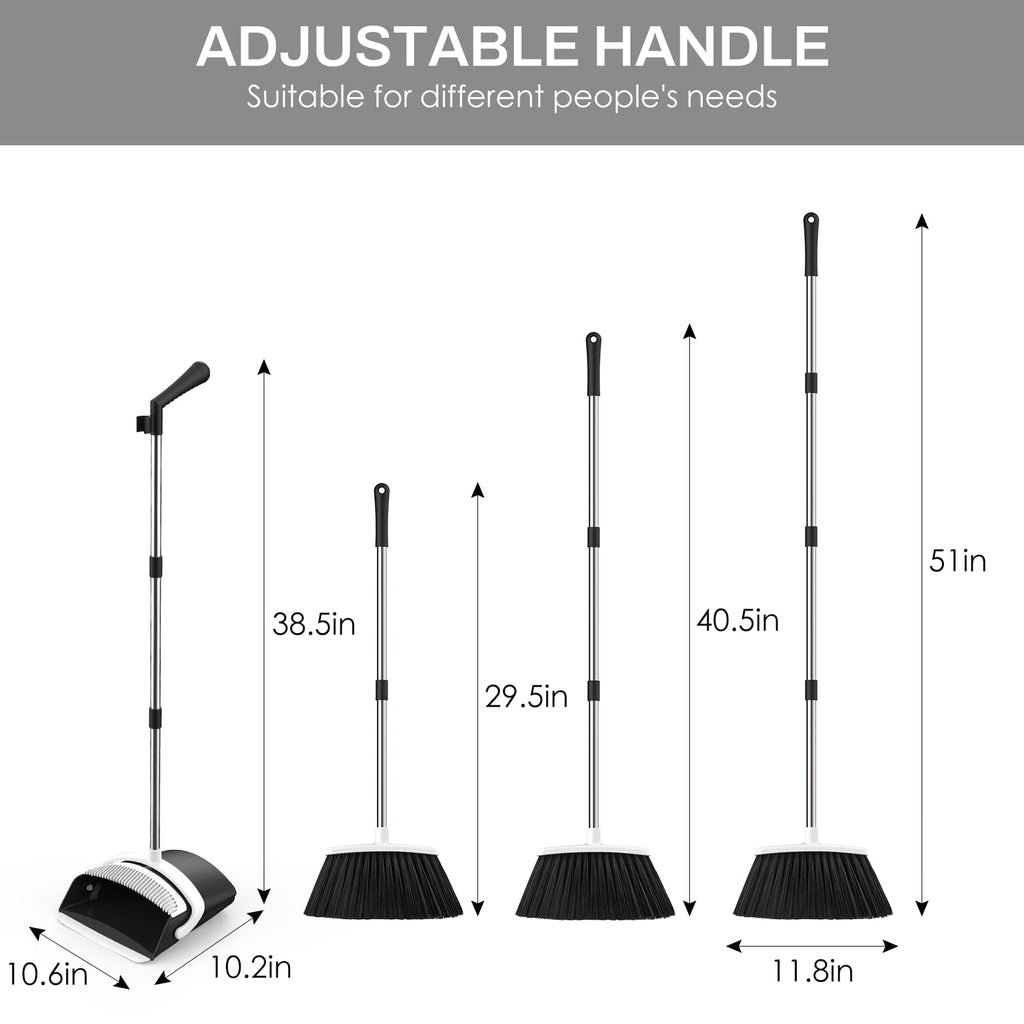 Broom and Dustpan Set for Home, 51-in Long Adjustable Handle Angle Broom and Dustpan Combo Set with Dust Pan Teeth to Clean Hair for Home Kitchen Office Lobby Floor Garden (Black&White)
