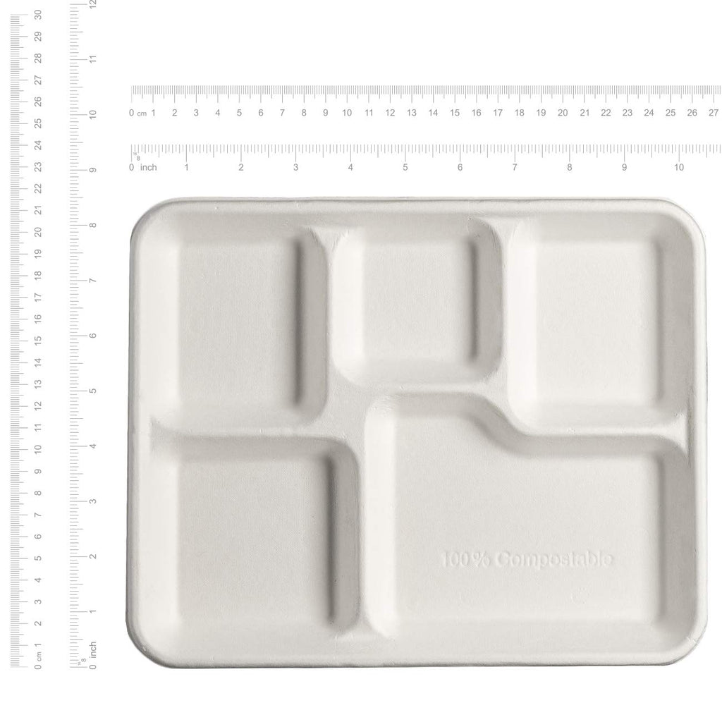 Gusto [10 Inch - 125 Pack] Heavy-Duty Plates, 5 Compartment Disposable Sugarcane Paper Party Plates - Formerly Comfy Package