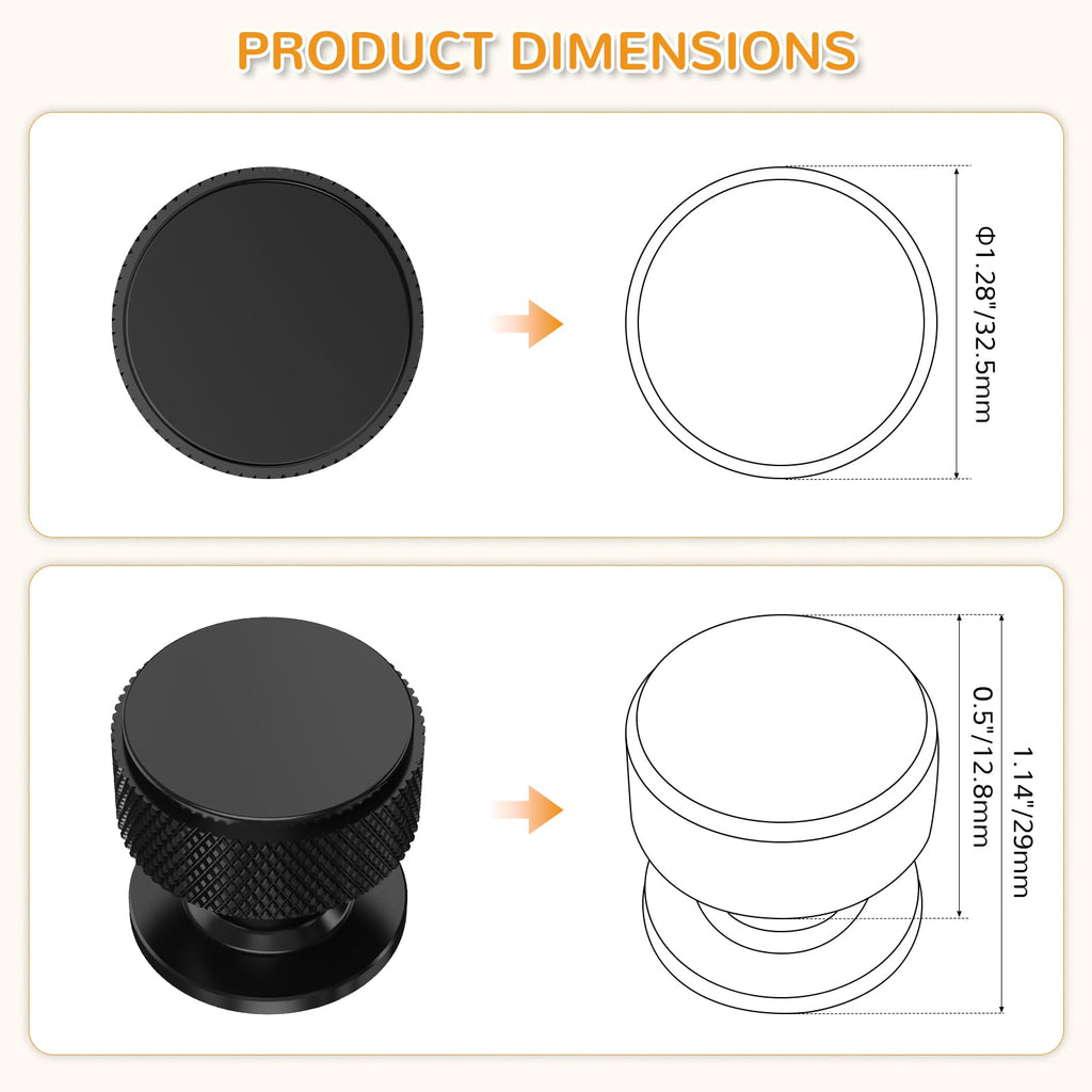 Chibery 10 Pack Matt Black Kitchen Cabinet Knobs, Knurled Round Dresser Drawer Handles, 32mm Vintage Cupboard Handles Pulls, Retro Door Knobs, Cabinet Hardware for Wardrobe, Closet