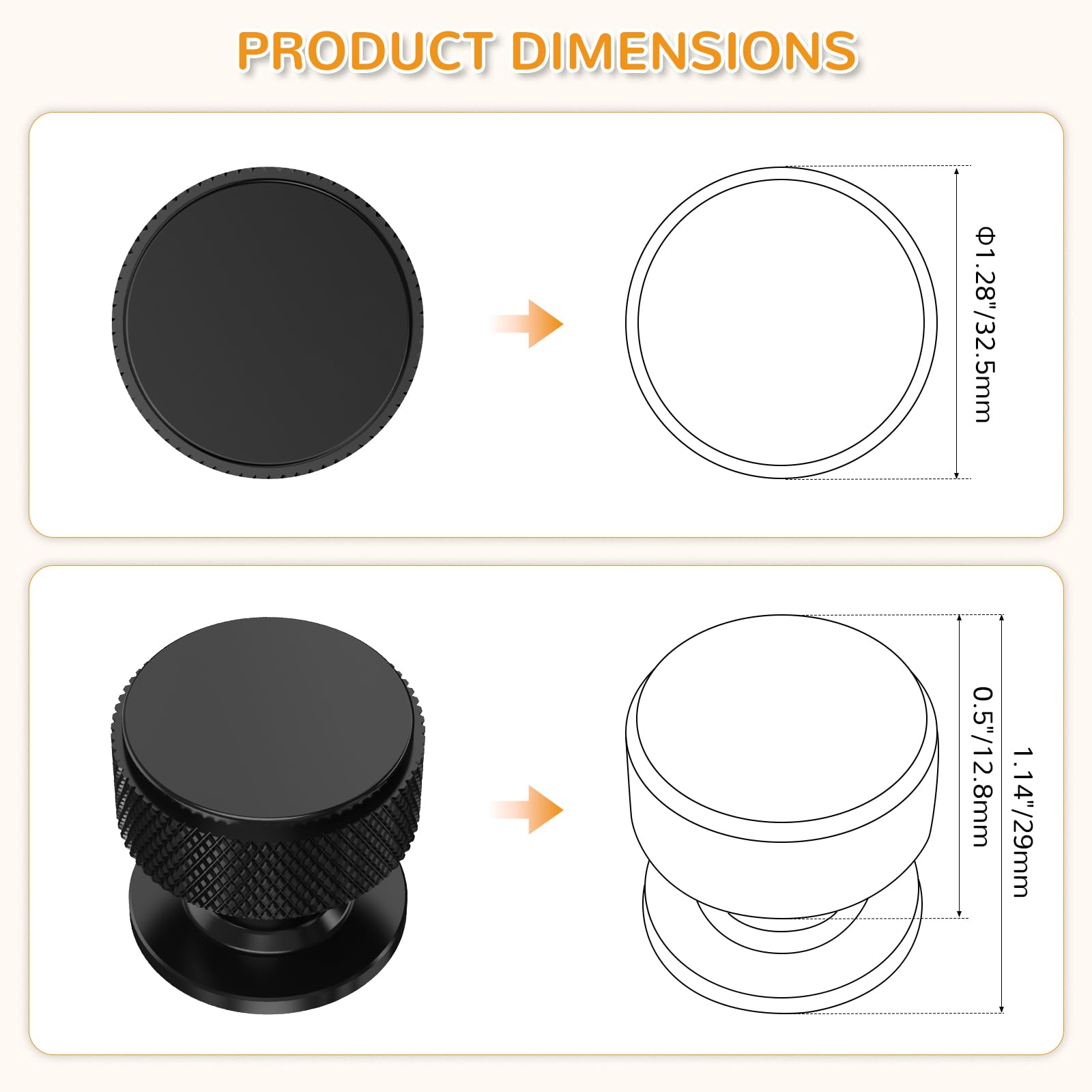 Chibery 10 Pack Matt Black Kitchen Cabinet Knobs, Knurled Round Dresser Drawer Handles, 32mm Vintage Cupboard Handles Pulls, Retro Door Knobs, Cabinet Hardware for Wardrobe, Closet