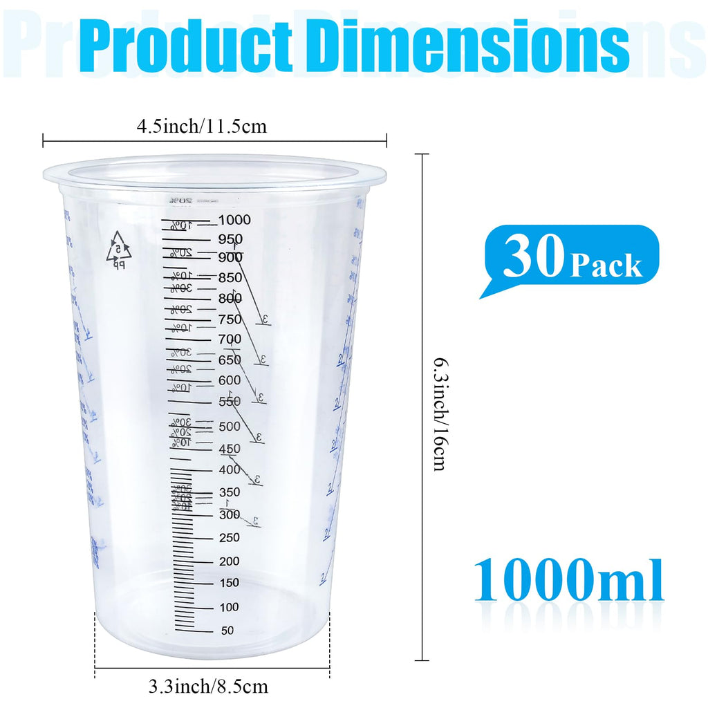 Worldity 30 Pack 1000 ML Plastic Measuring Cup, Disposable Graduated Cups, Clear Paint Mixing Cups for Resin, Mixing Cup with Multiple Mixing Ratios for Paint, Epoxy, Resin, Thinner, Baking (32 Oz)