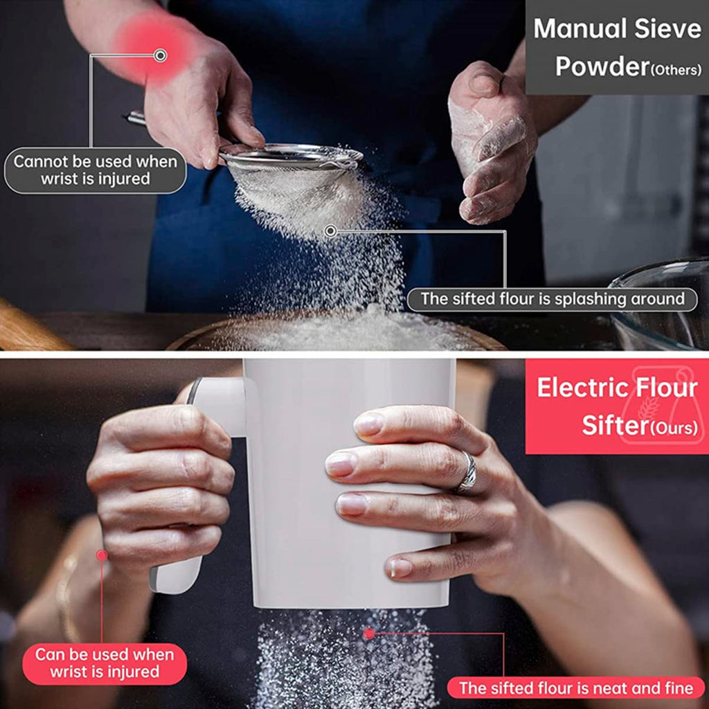 4 Cup Electric Flour Sifter, Fine Mesh Stainless Steel Baking Sieve Handheld Flour Sieve, Automatic Flour Strainer Battery Operated Powder Sieve Strainer for Baking Cakes, Pastries, Pies and Desserts