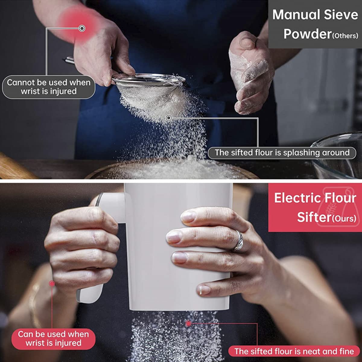 4 Cup Electric Flour Sifter, Fine Mesh Stainless Steel Baking Sieve Handheld Flour Sieve, Automatic Flour Strainer Battery Operated Powder Sieve Strainer for Baking Cakes, Pastries, Pies and Desserts