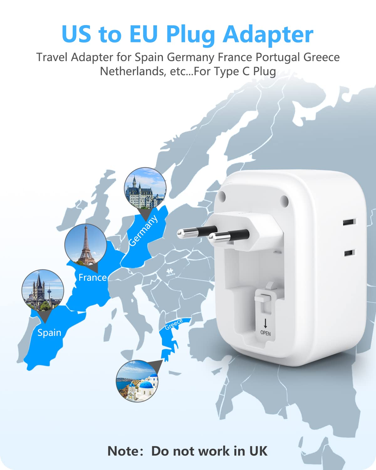 European Travel Plug Adapter, LENCENT International Type-C Foldable Power Plug with 4 Outlets, USB C Charger Adaptor, Canada/US to Most of Europe EU Iceland Spain Italy France Germany Greece