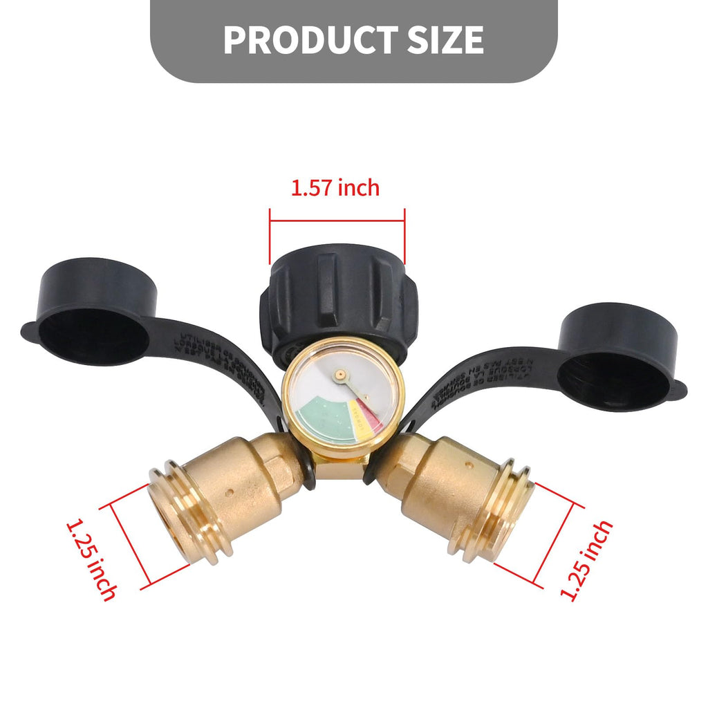Anxingo Propane Y Splitter Adapter with Gauge and Shut-Off Valve 100% Solid Brass LP Gas Tee Connector with Male QCC and 2-Female QCC for LP Tank Cylinder BBQ Grill Heater Stove and More