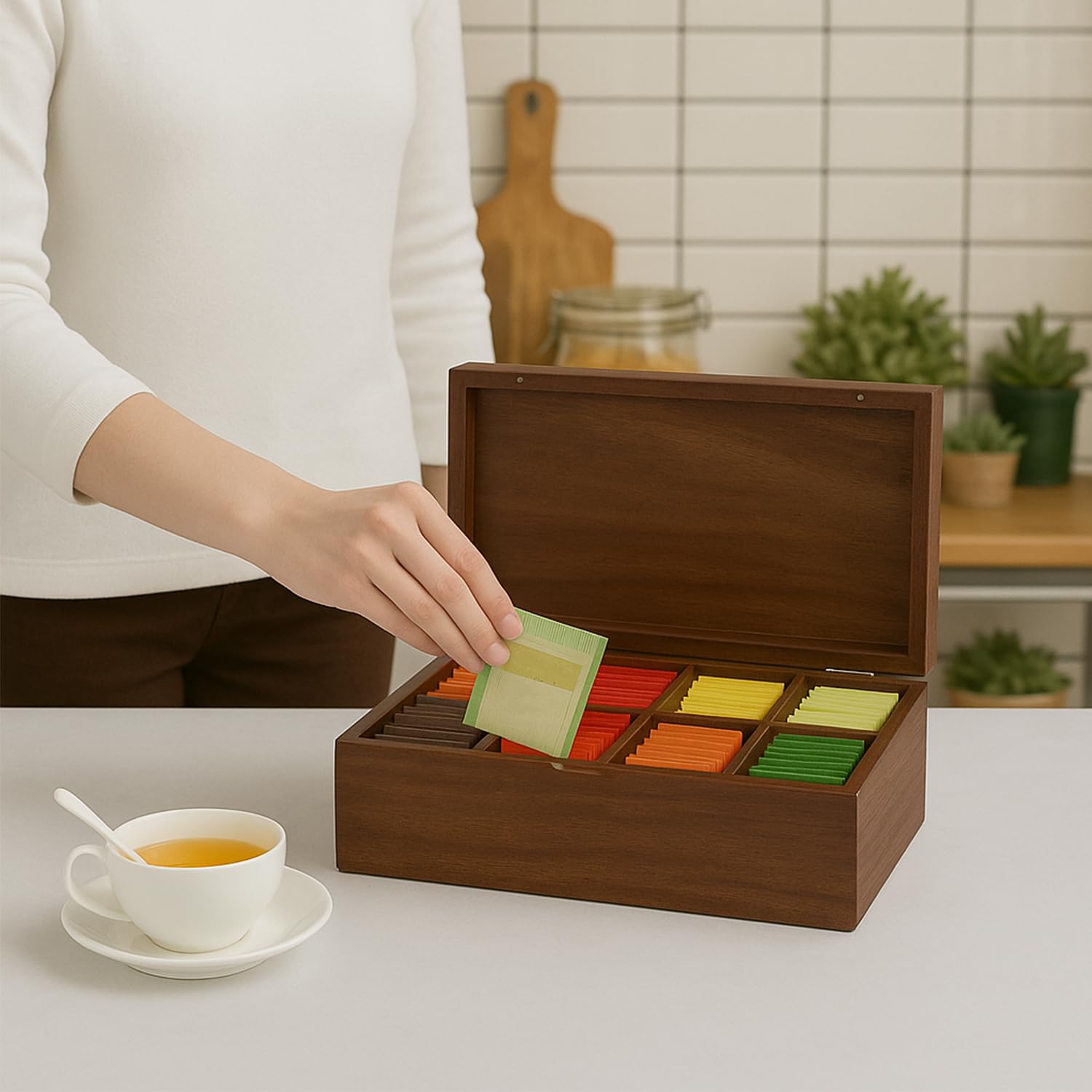 Acacia Wood Tea Bag Organizer, Tea Packet Caddy Storage Box, Teabag Holder Container with 8 Compartments, Organizador De Té Caja Para Te