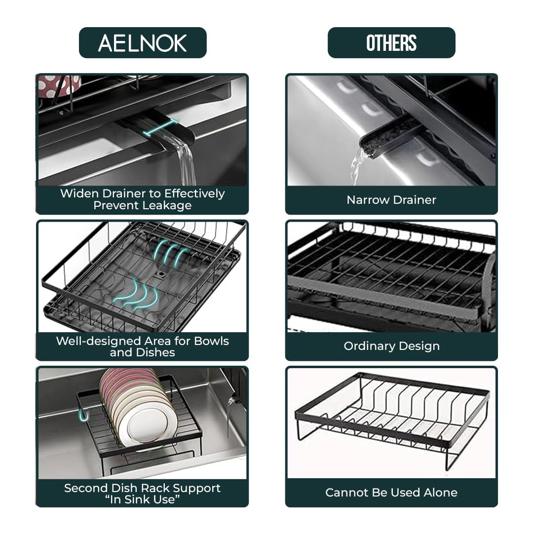 Space-Saving 2-Tier Dish Drying Rack with drip Tray, Swivel spout, Utensil Holder and More, Perfect for Small Kitchen counters and Keeping Things Neat