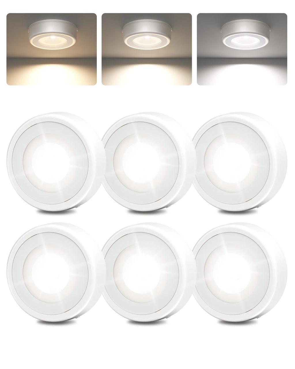 EZVALO LED Puck Lights, Rechargeable Sitck On Tap Lights, Wireless Closet Light, 3 Color Temps, Under Cabinet Lights, 2.5in Mini Touch Light, Ideal for Kitchen,Closet,Pantry,Shelves,Camper(6 Pack)