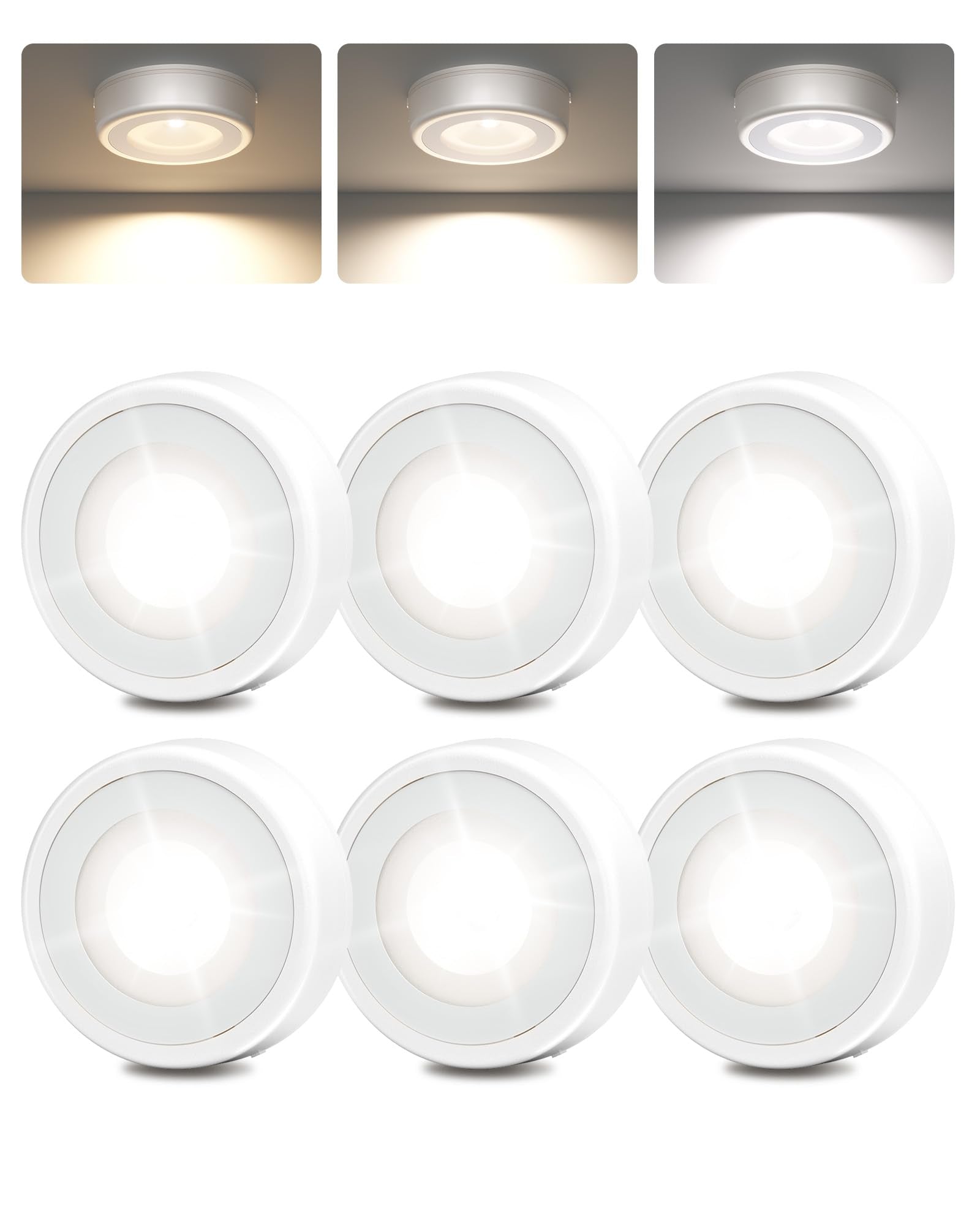 EZVALO LED Puck Lights, Rechargeable Sitck On Tap Lights, Wireless Closet Light, 3 Color Temps, Under Cabinet Lights, 2.5in Mini Touch Light, Ideal for Kitchen,Closet,Pantry,Shelves,Camper(6 Pack)