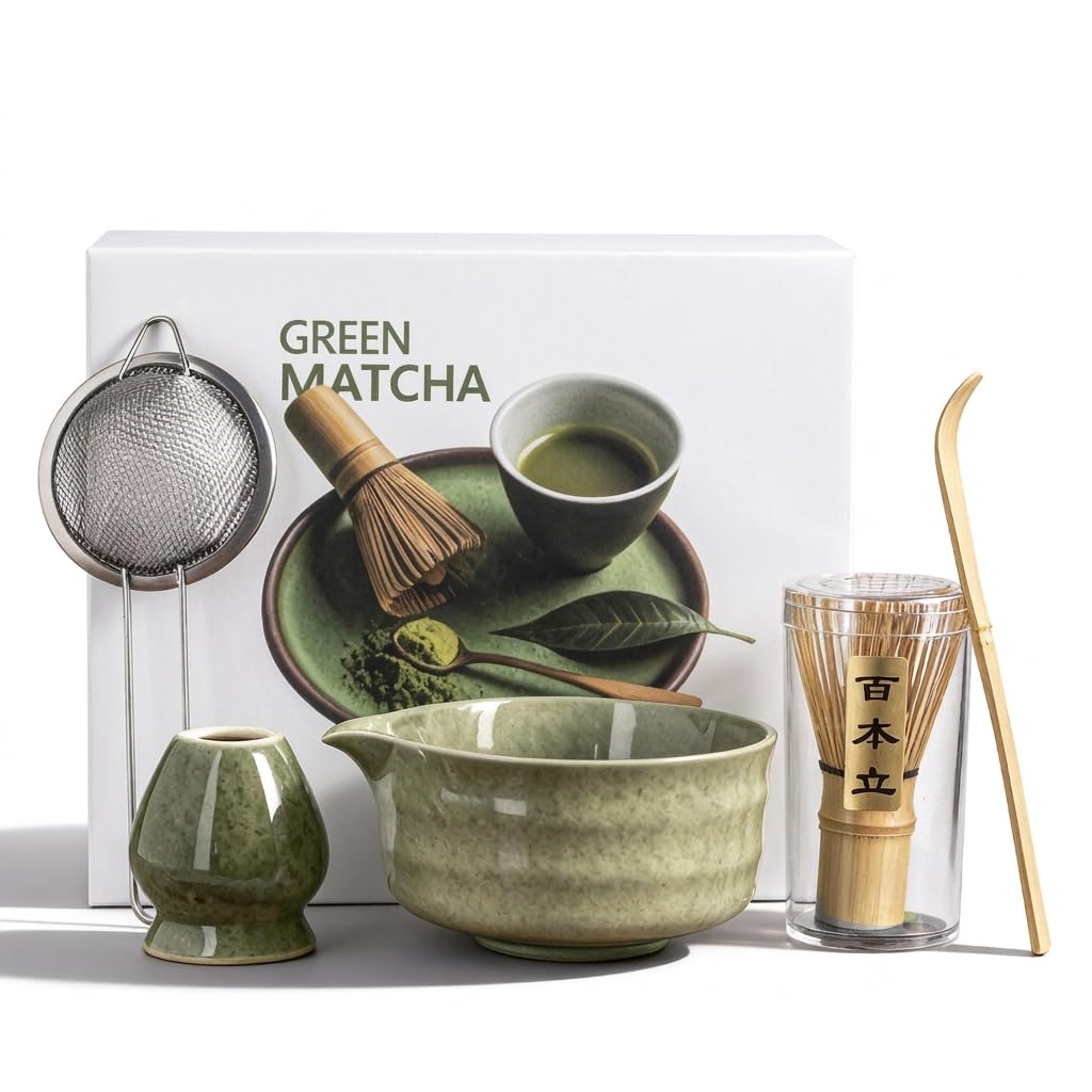 Matcha Whisk Set, Matcha Kit Japanese Tea Set Includes Matcha Bowl with Spout, Matcha Whisk Holder (Chasen), Bamboo Matcha Whisk and Bamboo Scoop, Ceramic Matcha Kit for Tea Lovers